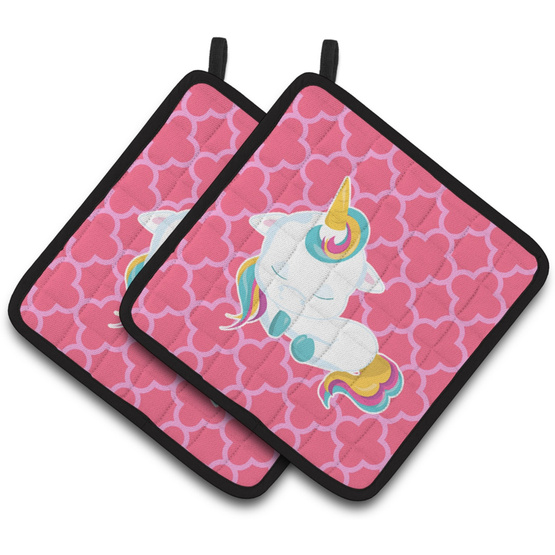 &quotCaroline's Treasures BB6811PTHD Quatrafoil Pink Unicorn Pair of Pot Holders, 7.5 x 7.5"", Multicolor"