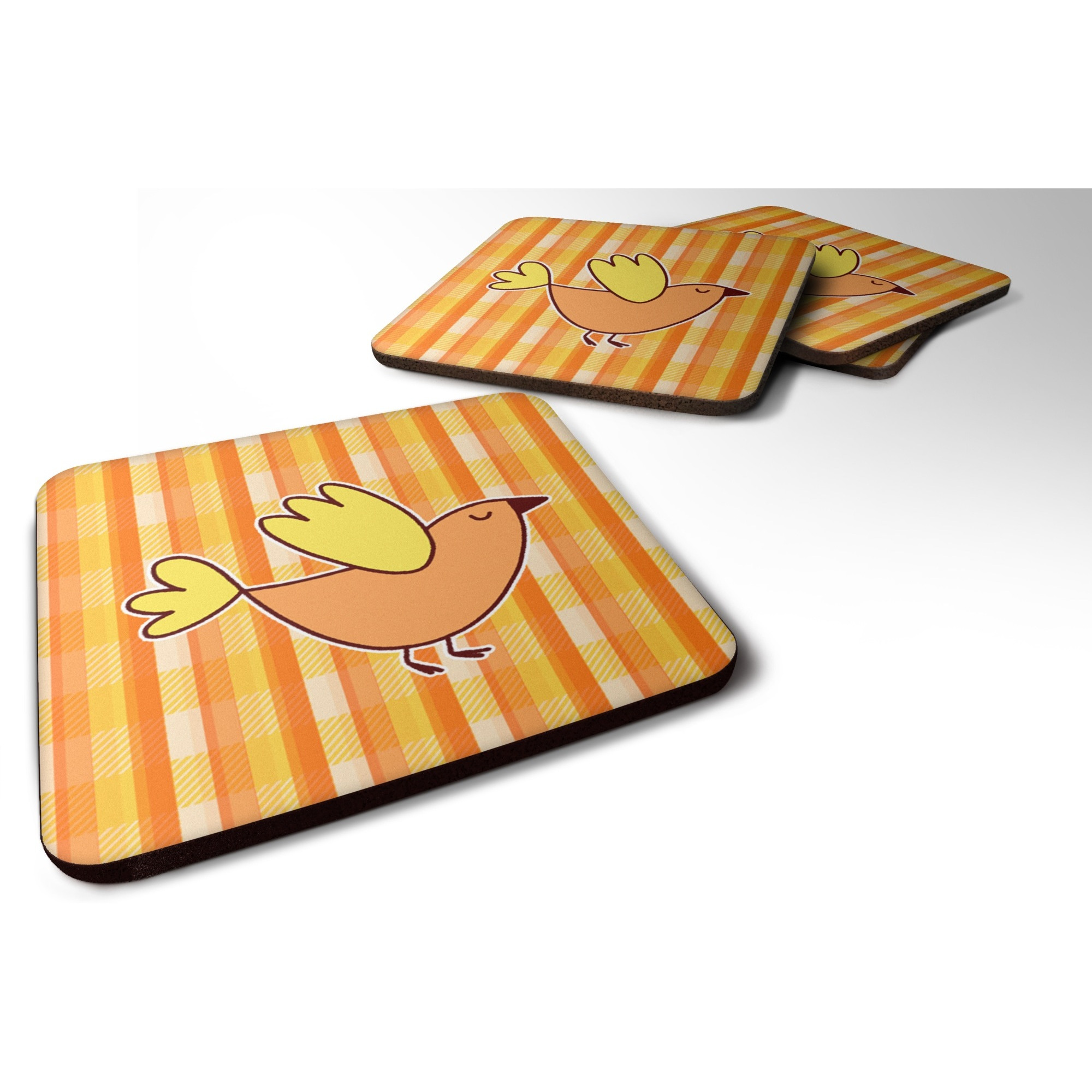 &quotCaroline's Treasures Bird On Orange Plaid Foam Coaster Set of 4, 3.5, Multicolor"
