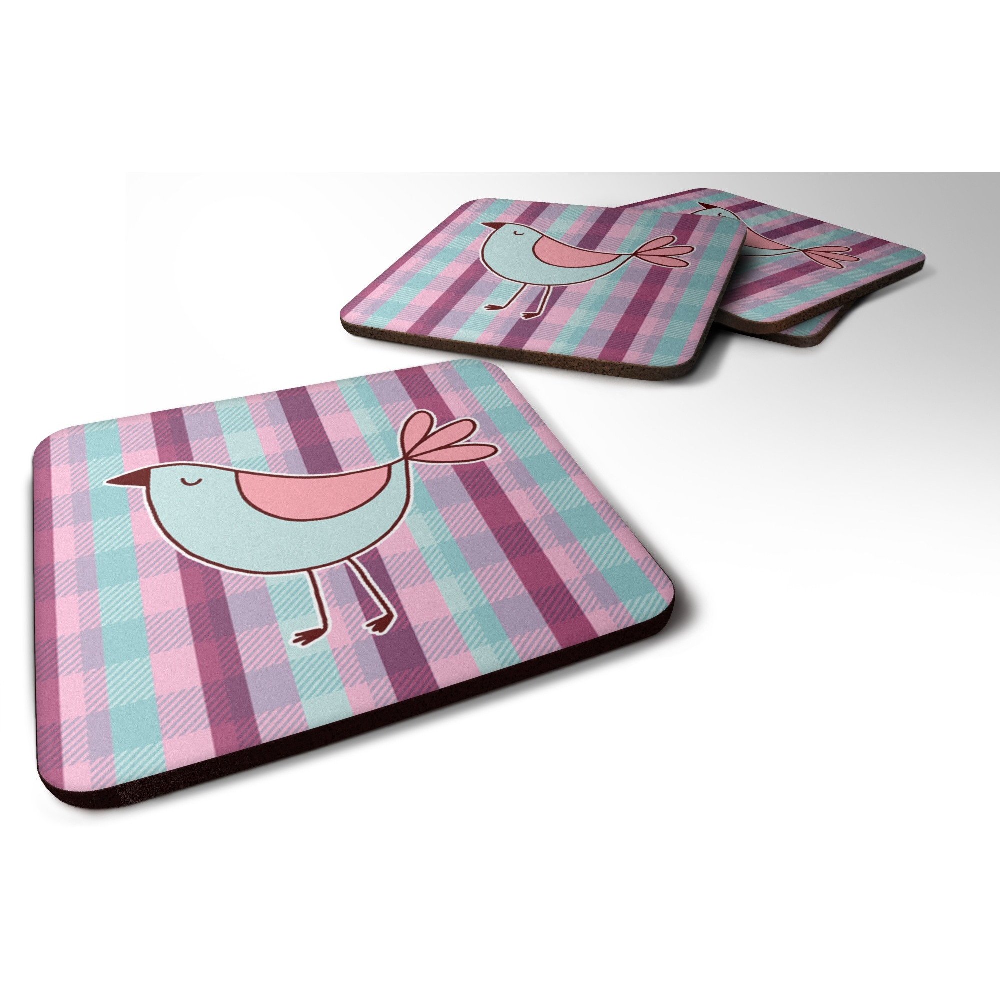 &quotCaroline's Treasures Bird On Purple Plaid Foam Coaster Set of 4, 3.5, Multicolor"
