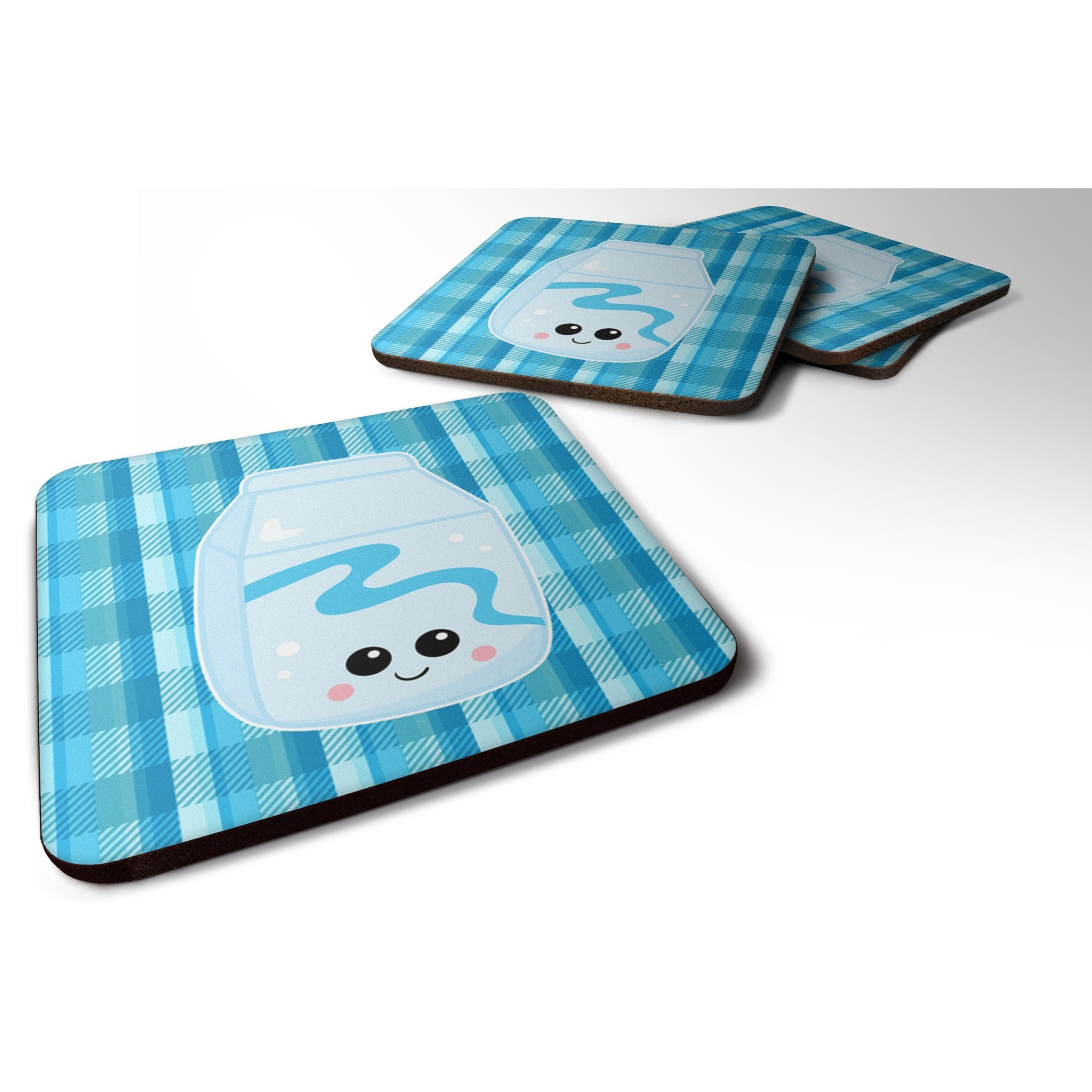 &quotCaroline's Treasures Blue Plaid & Milk Foam Coaster Set of 4, 3.5, Multicolor"
