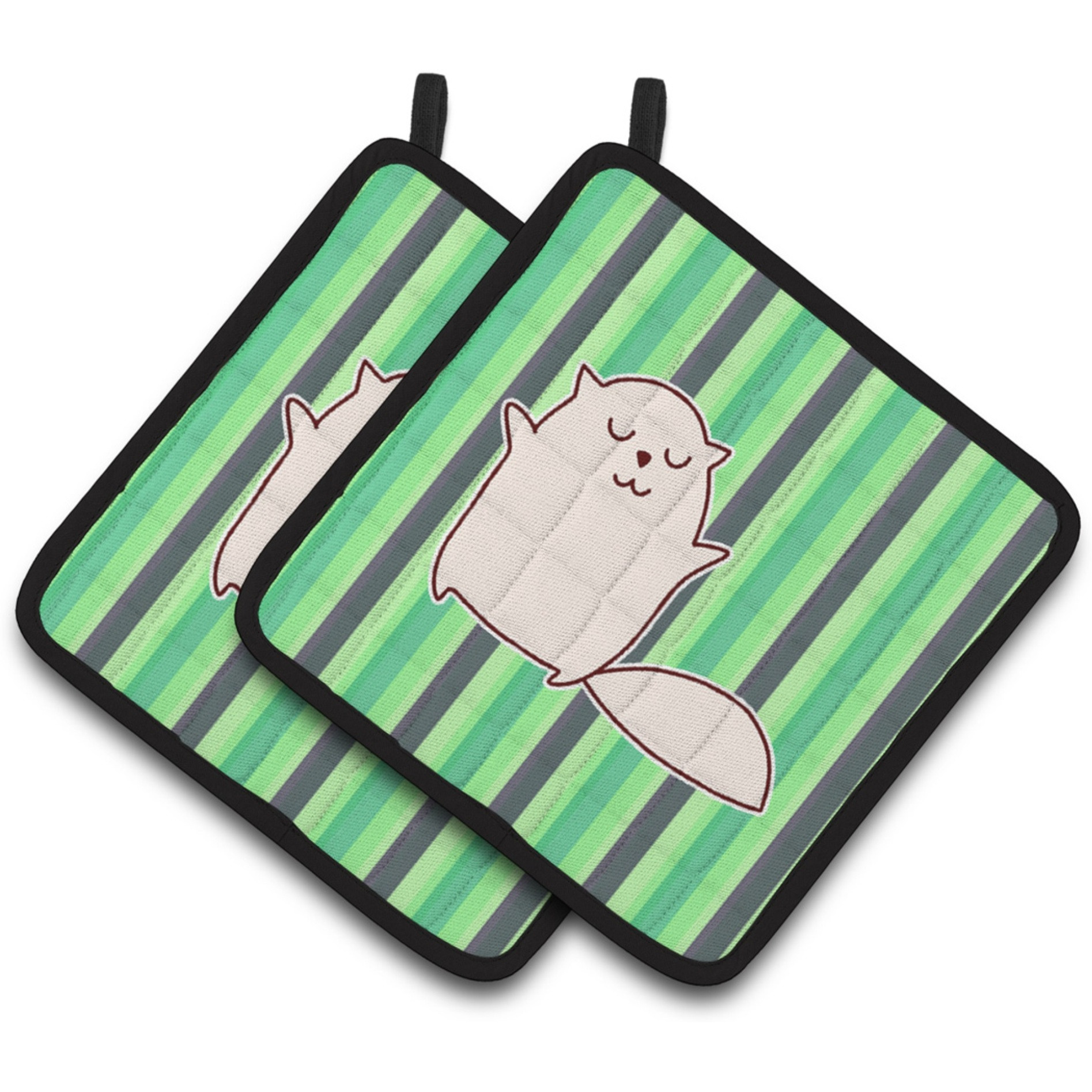 &quotCaroline's Treasures BB6856PTHD Cat Green Stripes Pair of Pot Holders, 7.5 x 7.5"", Multicolor"