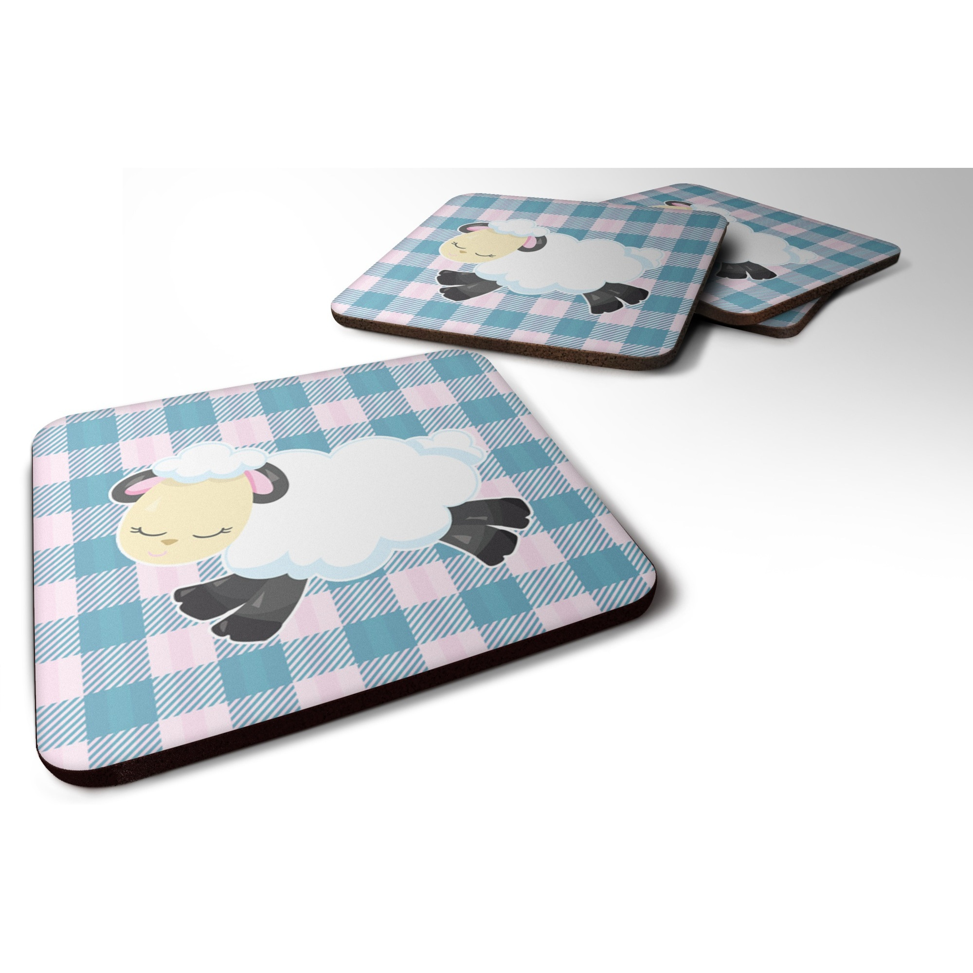 &quotCaroline's Treasures Sheep On Blue Gingham Foam Coaster Set of 4, 3.5, Multicolor"