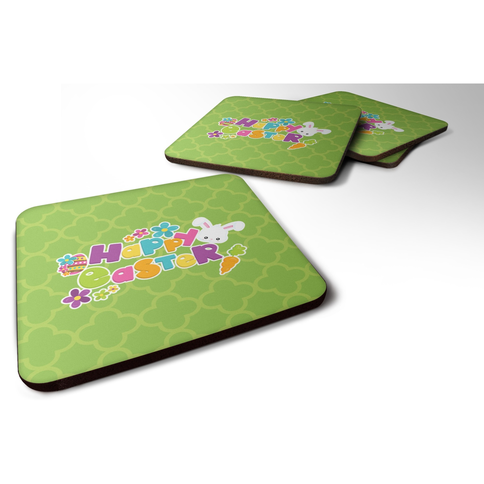 &quotCaroline's Treasures Happy Easter green Quatrafoil Foam Coaster Set of 4, 3.5, Multicolor"