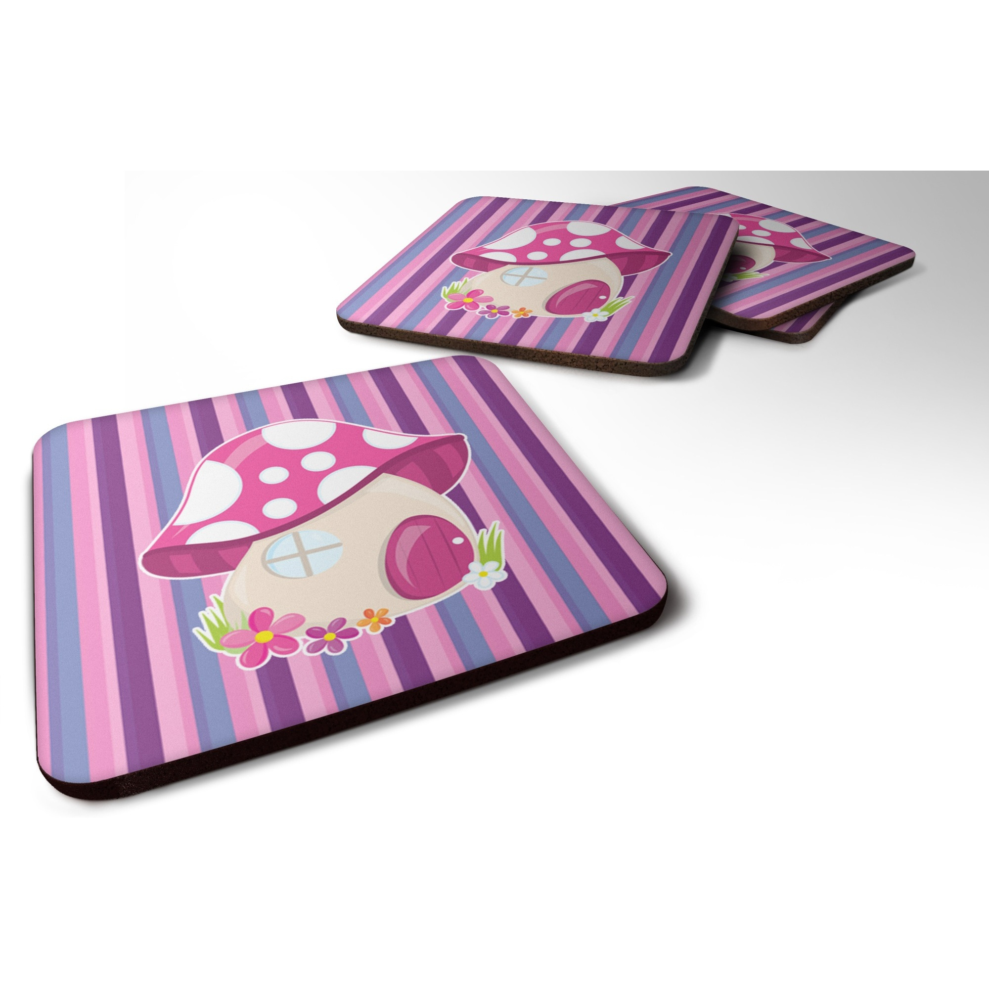 &quotCaroline's Treasures Fairy House Pink & Purple Foam Coaster Set of 4, 3.5, Multicolor"