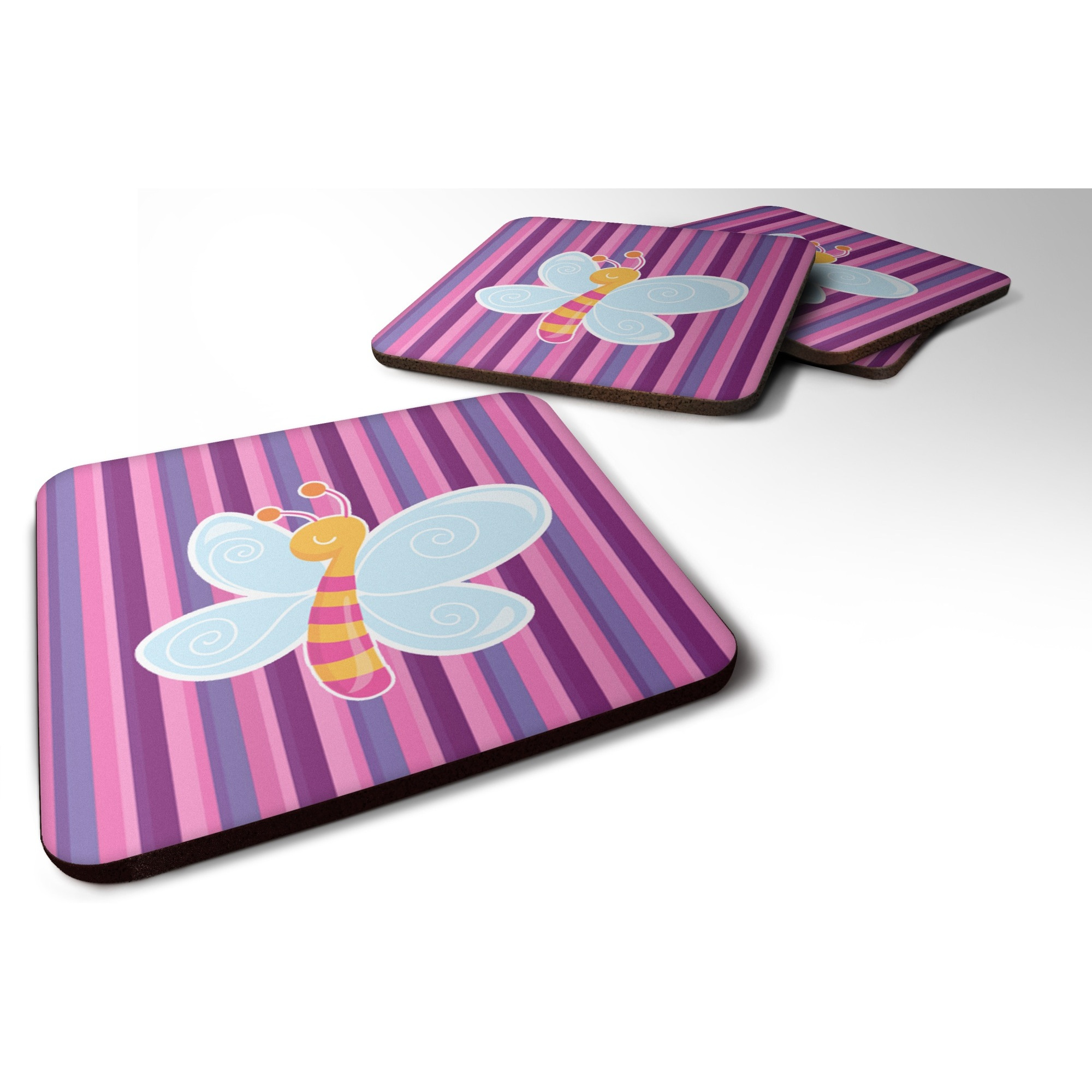 &quotCaroline's Treasures Dragonfly In Pink Stripes Foam Coaster Set of 4, 3.5, Multicolor"