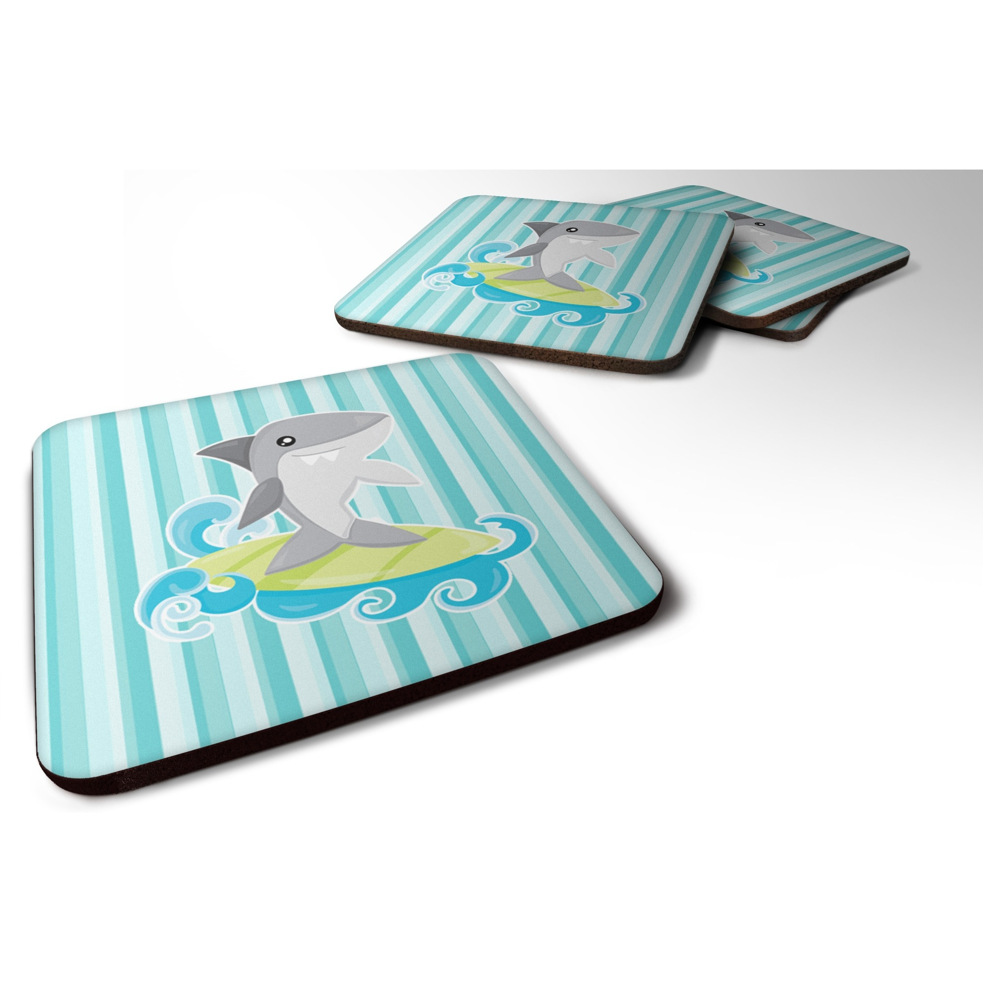 &quotCaroline's Treasures Surfin Shark on Stripes Foam Coaster Set of 4, 3.5, Multicolor"