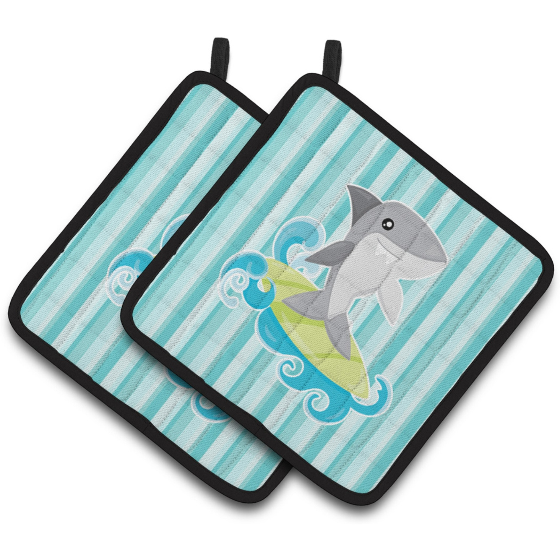 &quotCaroline's Treasures BB6942PTHD Surfin Shark on Stripes Pair of Pot Holders, 7.5 x 7.5"", Multicolor"