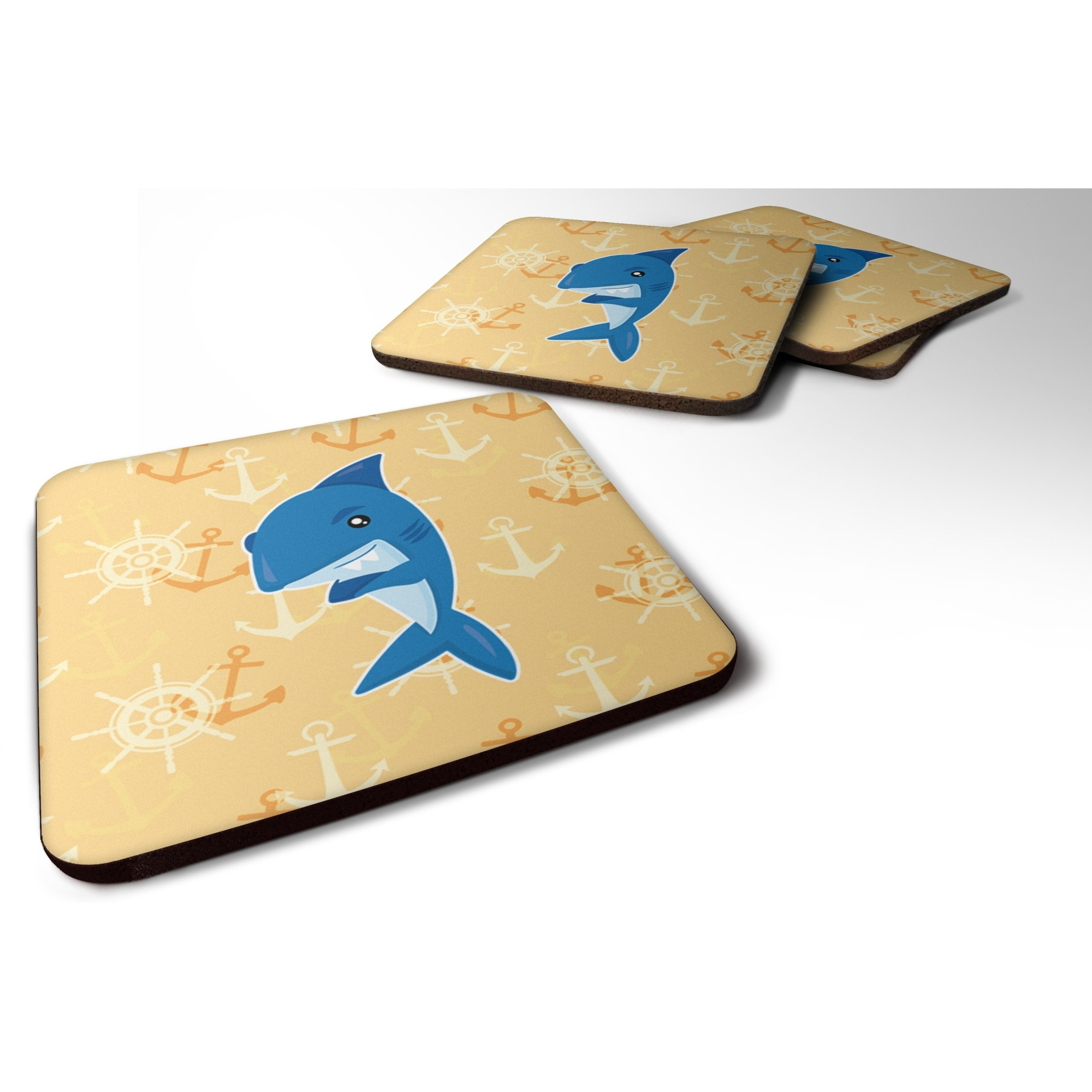 &quotCaroline's Treasures Shark On Beige Nautical Foam Coaster Set of 4, 3.5, Multicolor"