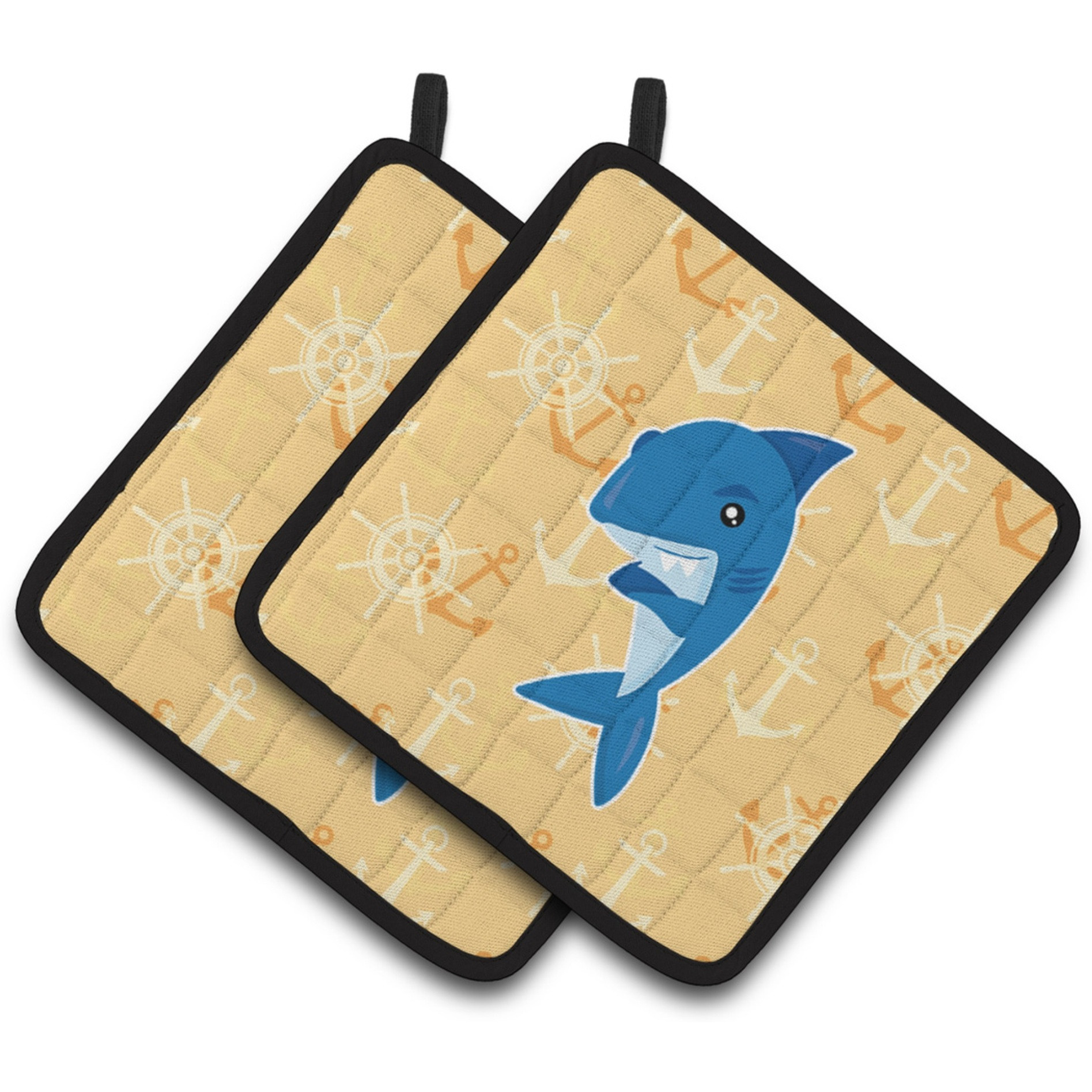 &quotCaroline's Treasures BB6946PTHD Shark on Beige Nautical Pair of Pot Holders, 7.5 x 7.5"", Multicolor"