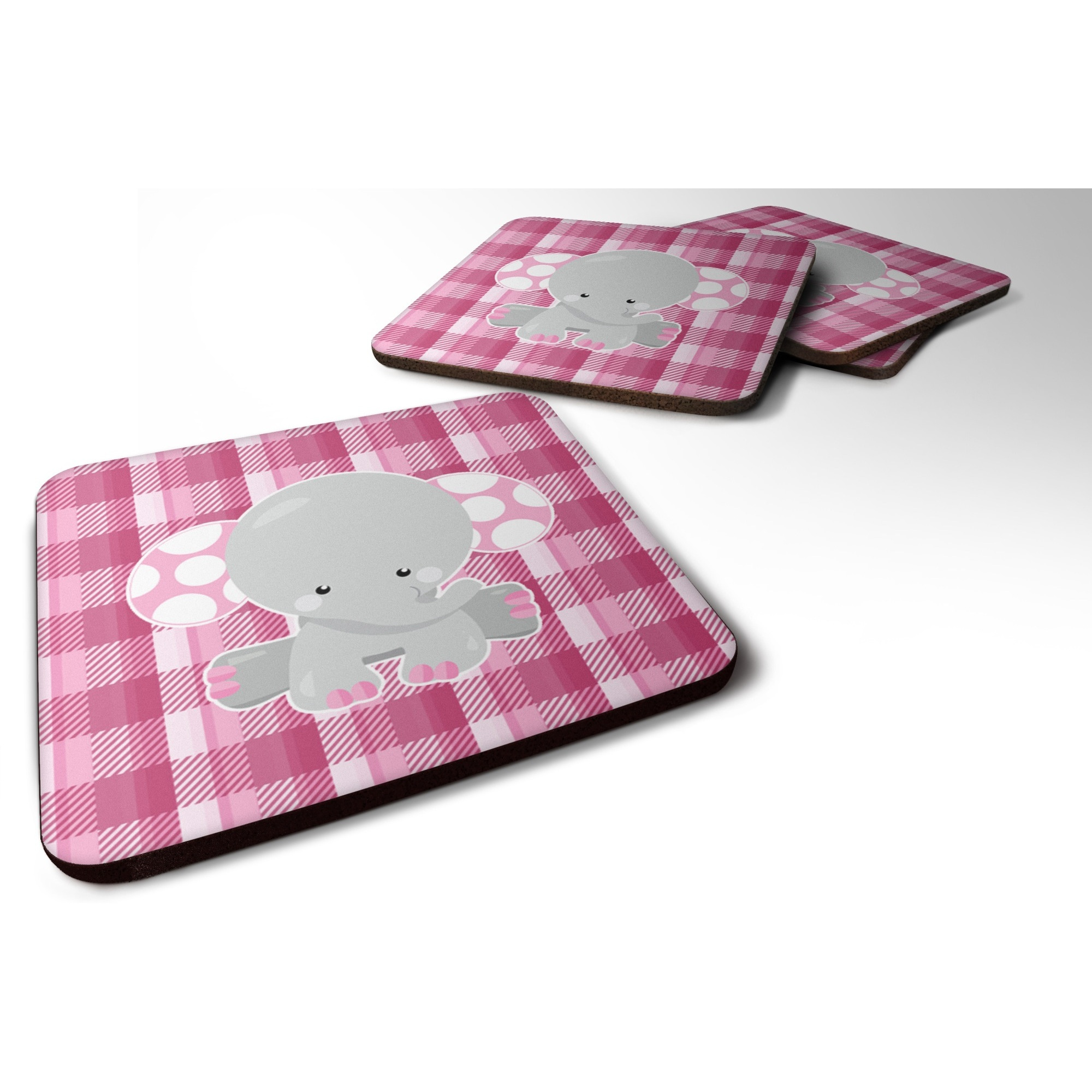 &quotCaroline's Treasures Elephant Pink Gingham Foam Coaster Set of 4, 3.5, Multicolor"