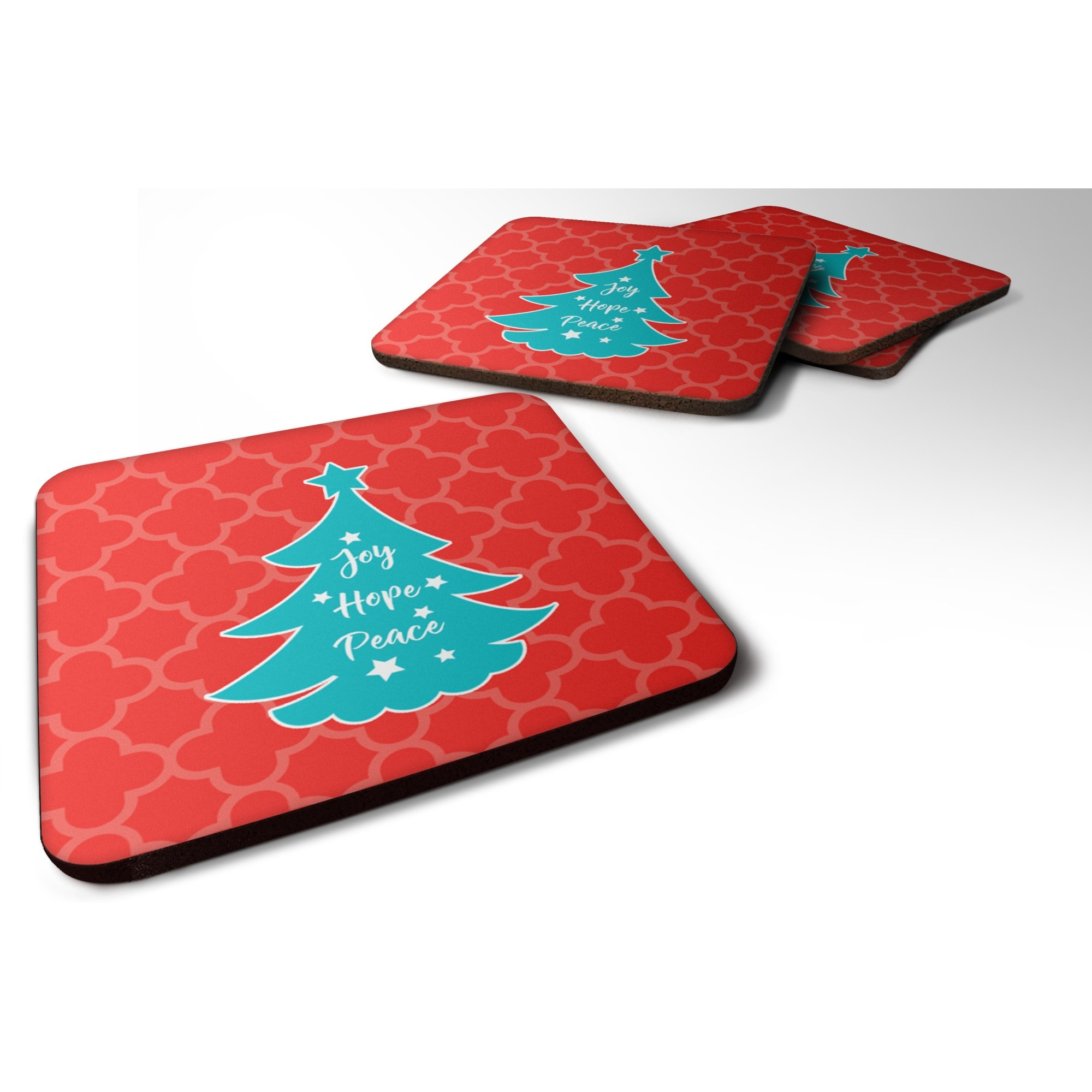 &quotCaroline's Treasures Christmas Tree Red Teal Foam Coaster Set of 4, 3.5, Multicolor"