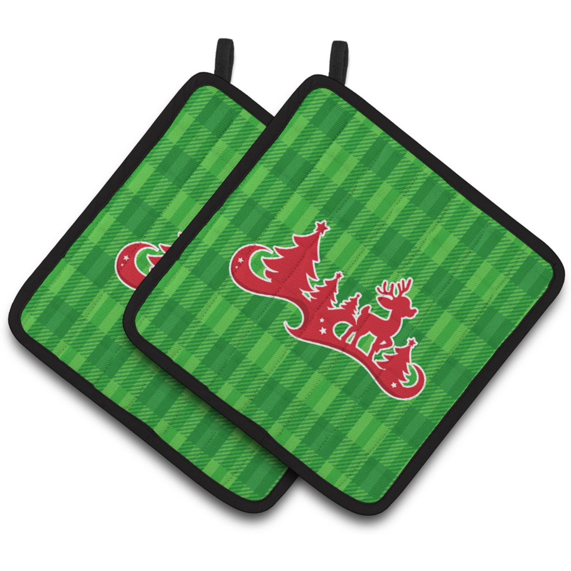 &quotCaroline's Treasures BB6973PTHD Christmas Tree Reindeer Green Pair of Pot Holders, 7.5 x 7.5"", Multicolor"