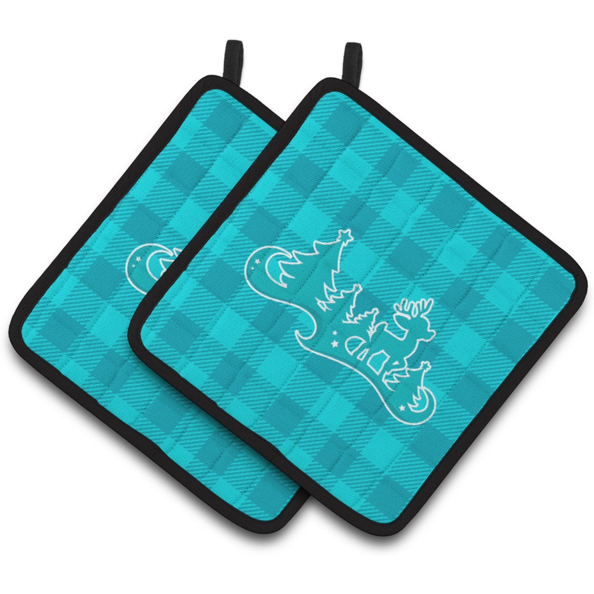 &quotCaroline's Treasures BB6974PTHD Christmas Tree Reindeer Blue Pair of Pot Holders, 7.5 x 7.5"", Multicolor"