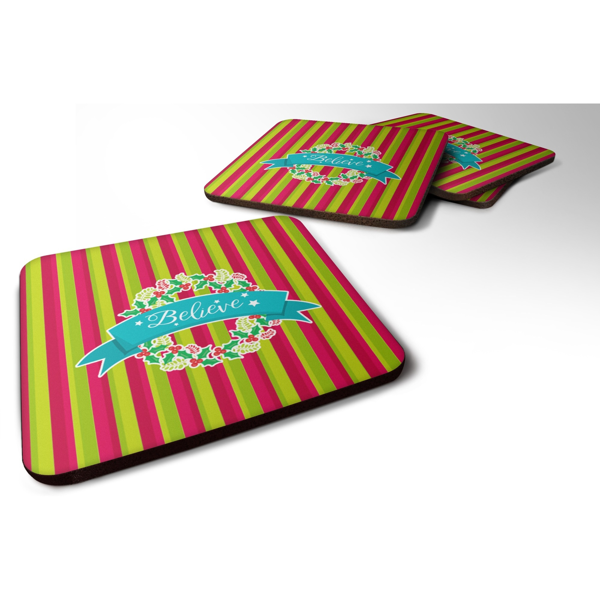 &quotCaroline's Treasures Christmas Wreath Believe Foam Coaster Set of 4, 3.5, Multicolor"