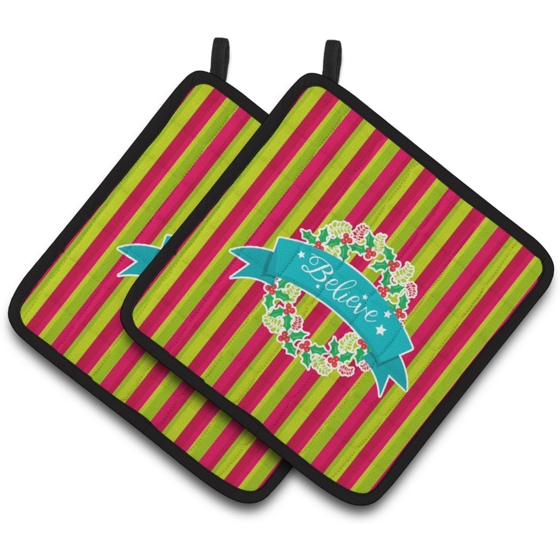&quotCaroline's Treasures BB6975PTHD Christmas Wreath Believe Pair of Pot Holders, 7.5 x 7.5"", Multicolor"