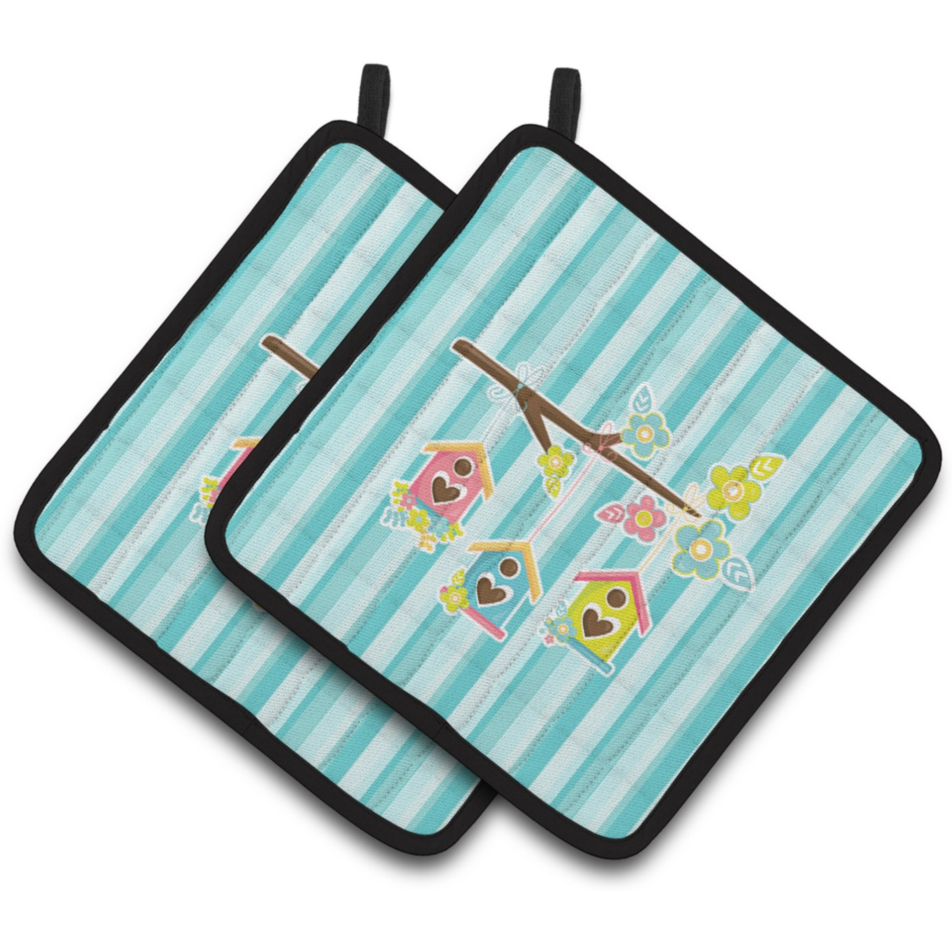 &quotCaroline's Treasures BB7011PTHD Birdhouses on Blue Stripes Pair of Pot Holders, 7.5 x 7.5"", Multicolor"