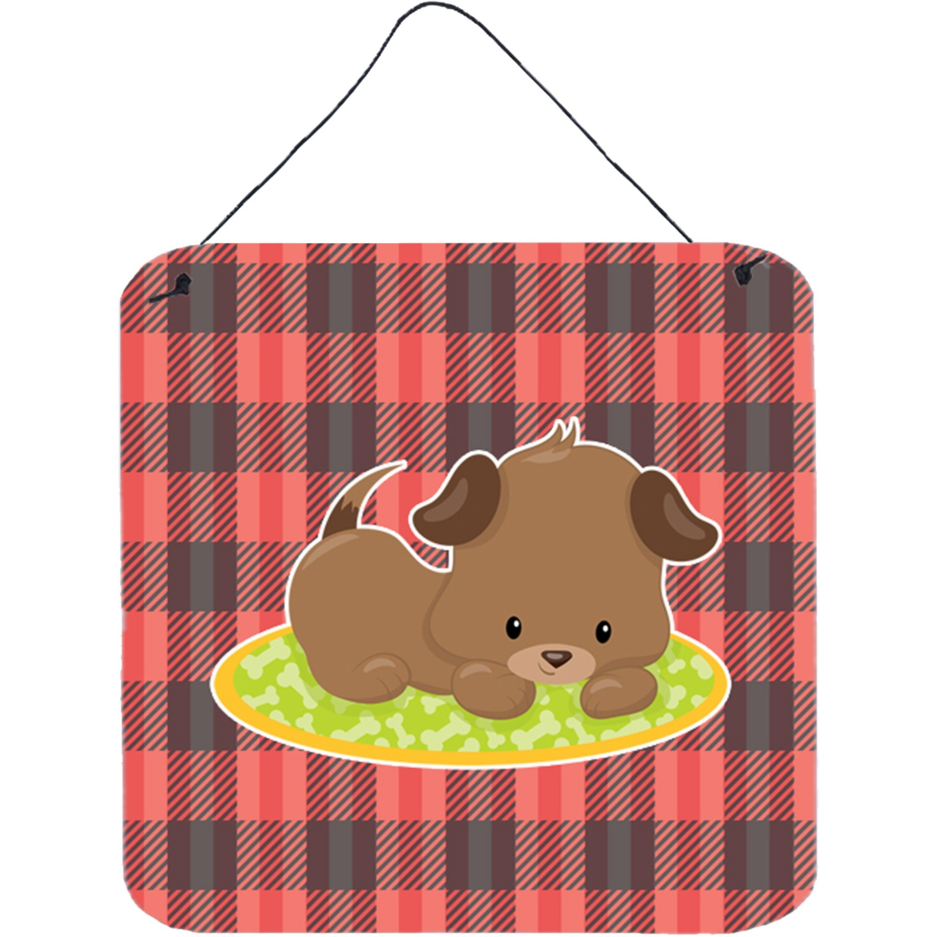 &quotCaroline's Treasures Puppy on Black Red Gingham Metal Print, 6"" x 6"", Multicolor"