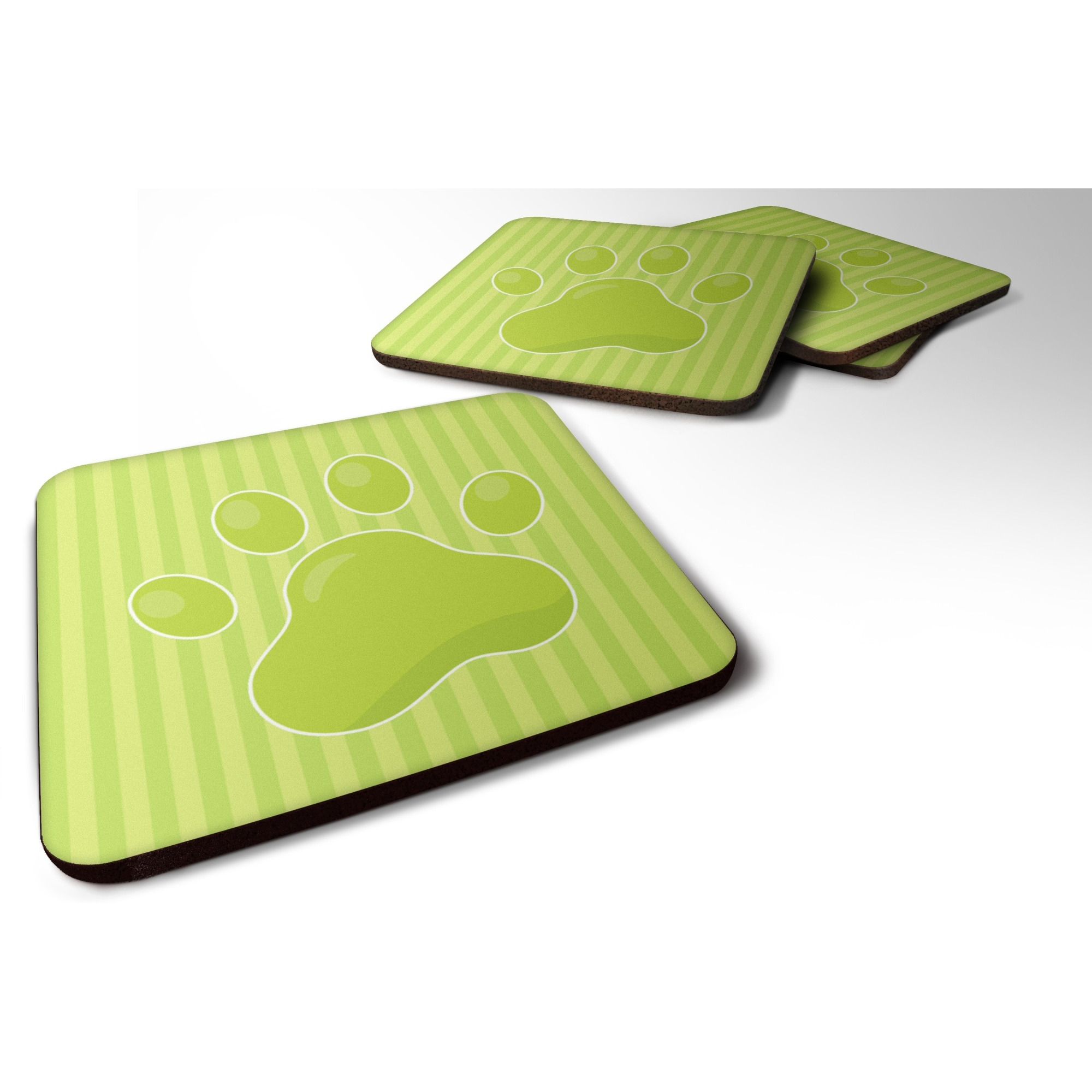 &quotCaroline's Treasures Puppy Pawprint green Stripes Foam Coaster Set of 4, 3.5, Multicolor"
