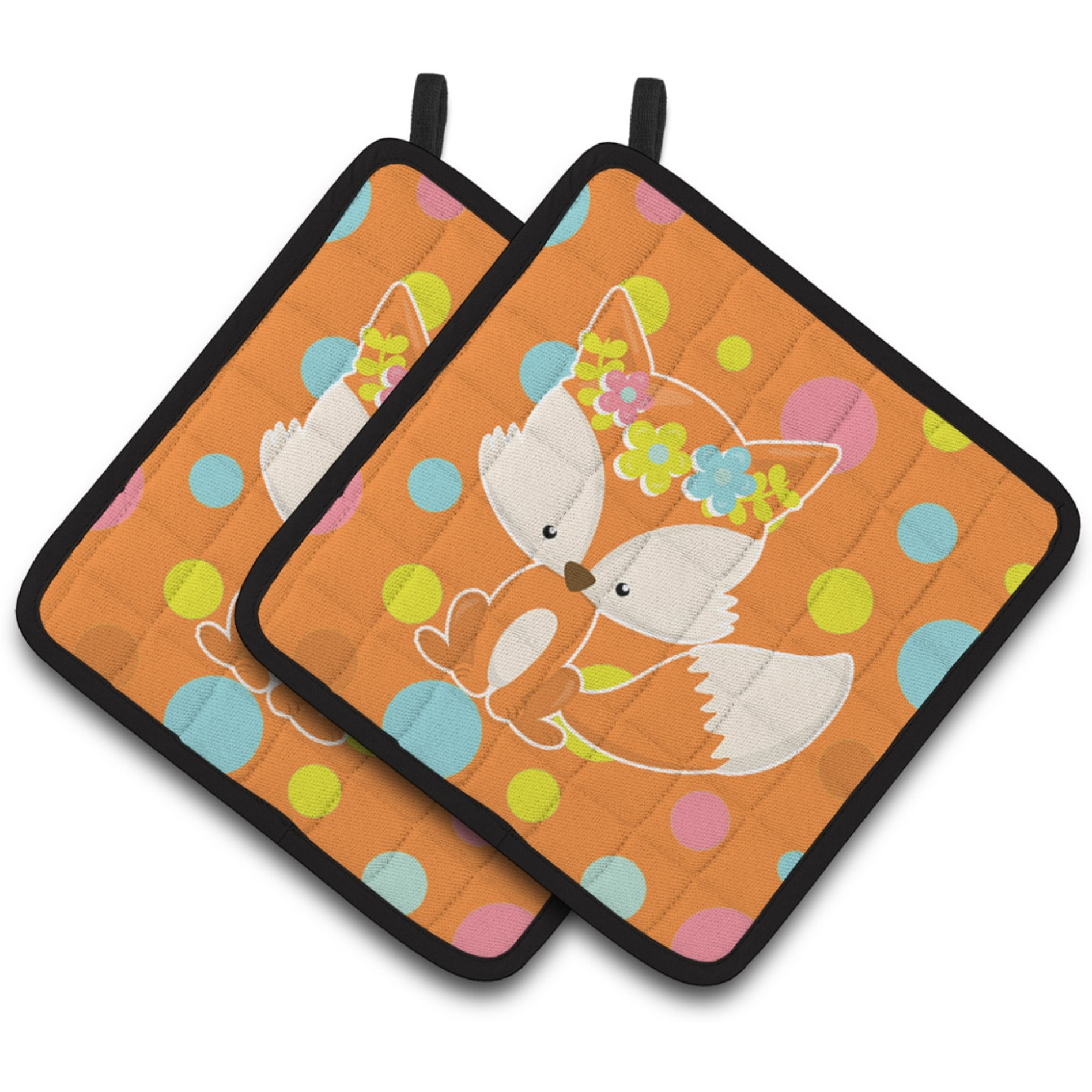&quotCaroline's Treasures BB7091PTHD Baby Fox Flowerchild Polkadots Pair of Pot Holders, 7.5 x 7.5"", Multicolor"