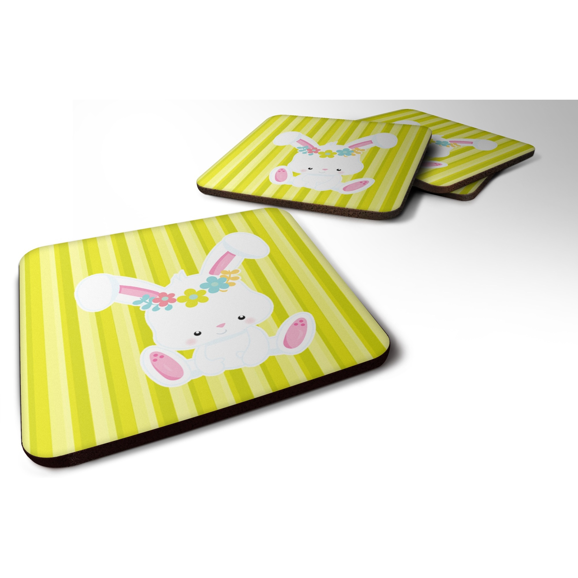 &quotCaroline's Treasures Easter White Rabbit with Flowers Foam Coaster Set of 4, 3.5, Multicolor"