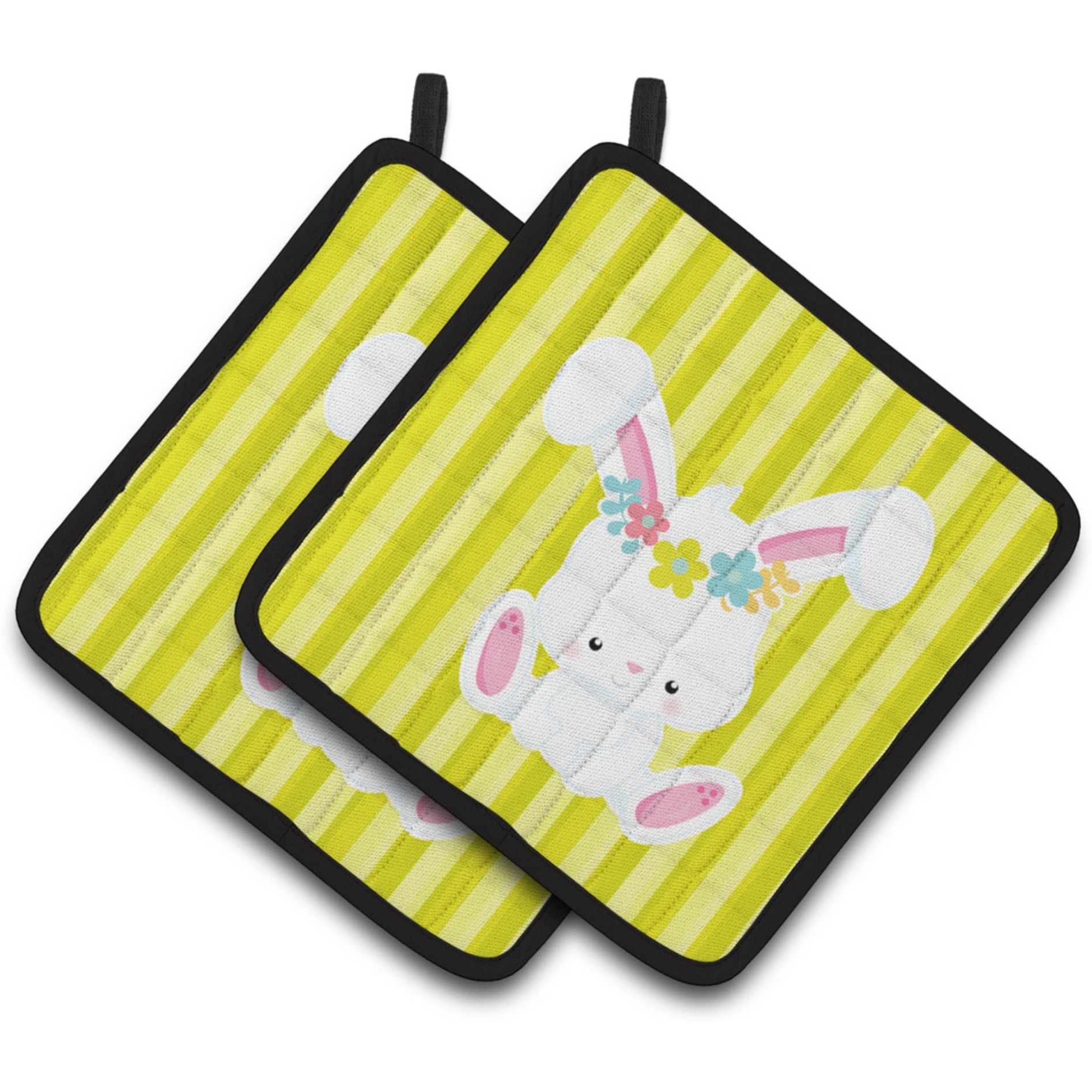 &quotCaroline's Treasures Easter White Rabbit with Flowers Pair of Pot Holders, 7.5 x 7.5, Multicolor"