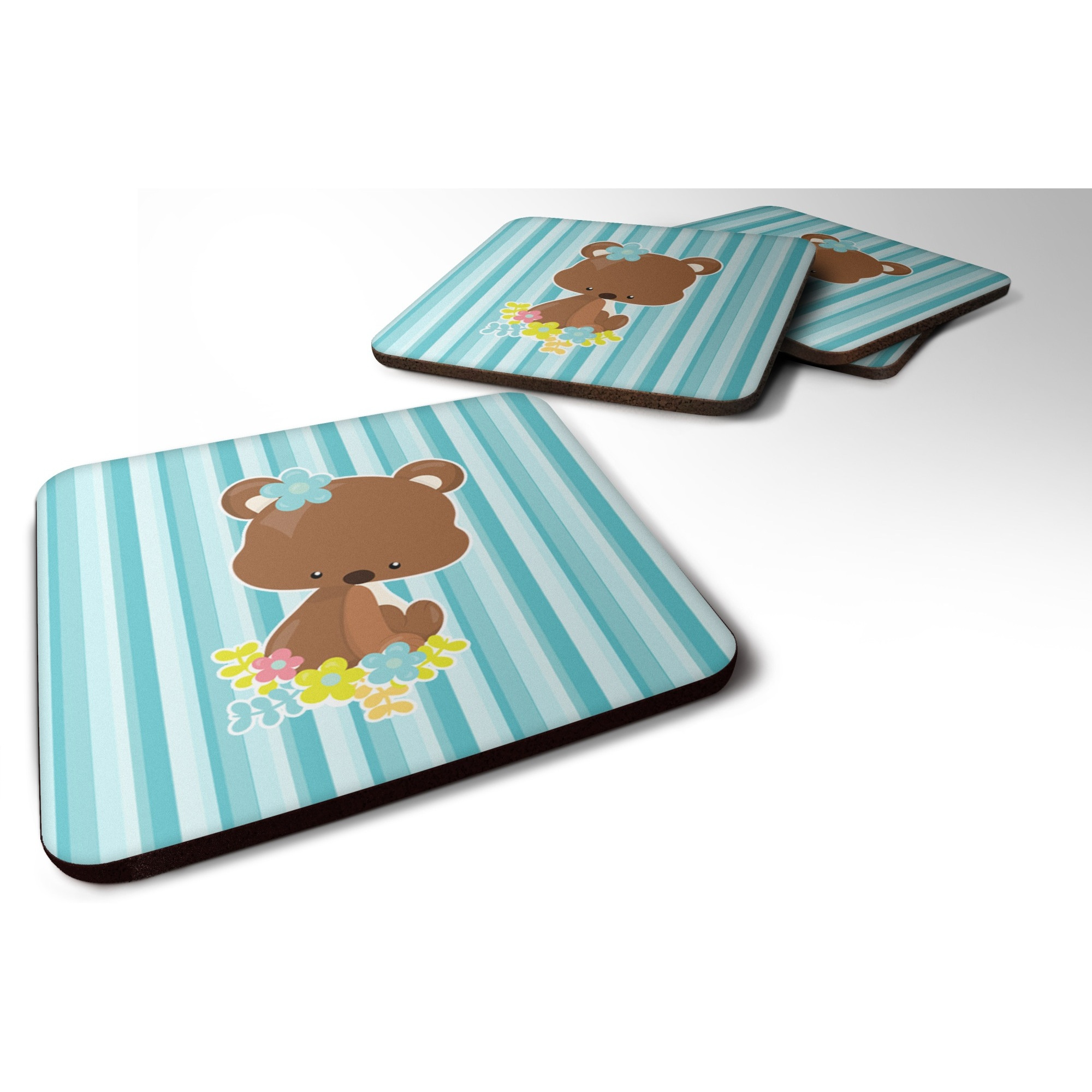 &quotCaroline's Treasures Bear with Flowers Foam Coaster Set of 4, 3.5, Multicolor"