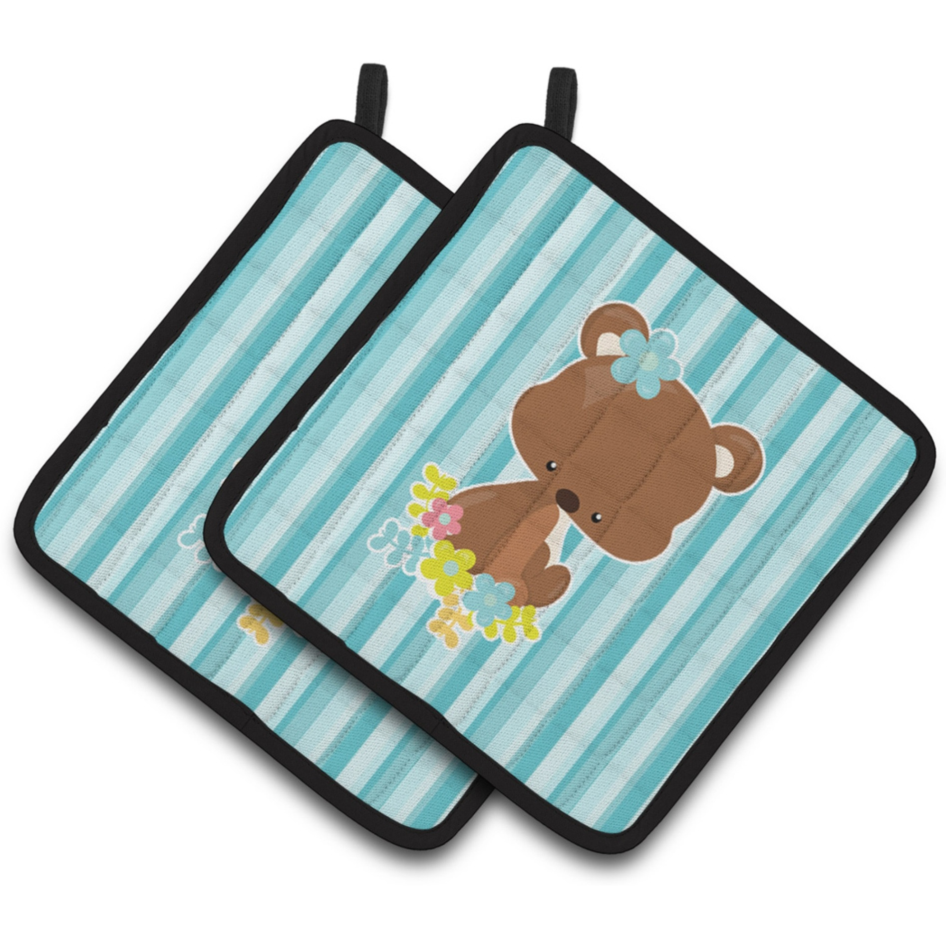 &quotCaroline's Treasures BB7096PTHD Bear with Flowers Pair of Pot Holders, 7.5 x 7.5"", Multicolor"