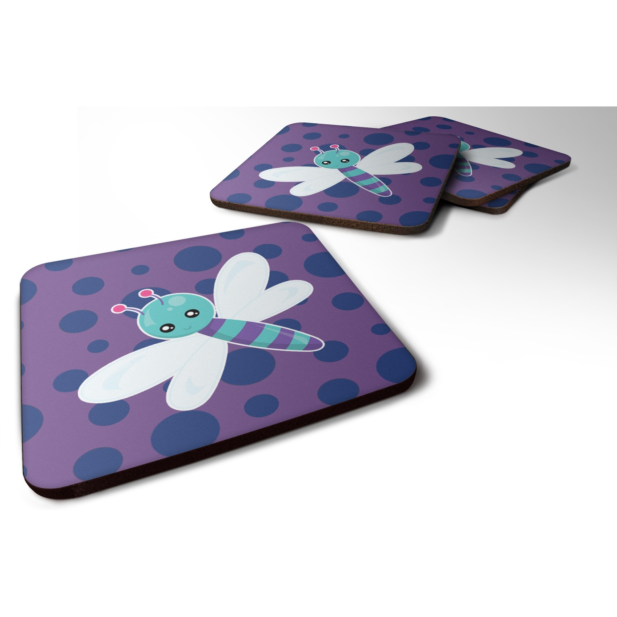 &quotCaroline's Treasures Dragonfly On Purple Polkadots Foam Coaster Set of 4, 3.5, Multicolor"