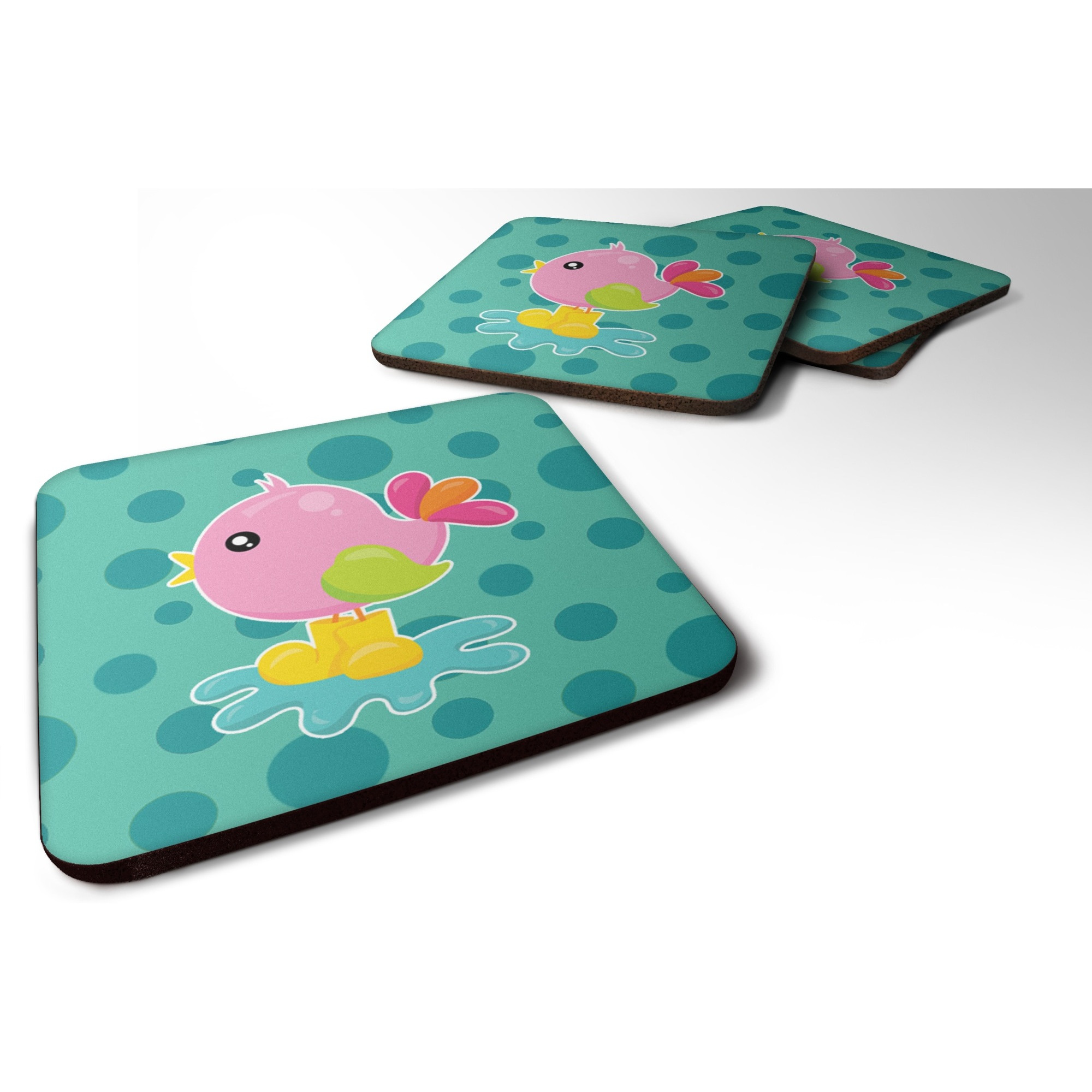 &quotCaroline's Treasures Bird In Rainboots & Puddle Foam Coaster Set of 4, 3.5, Multicolor"