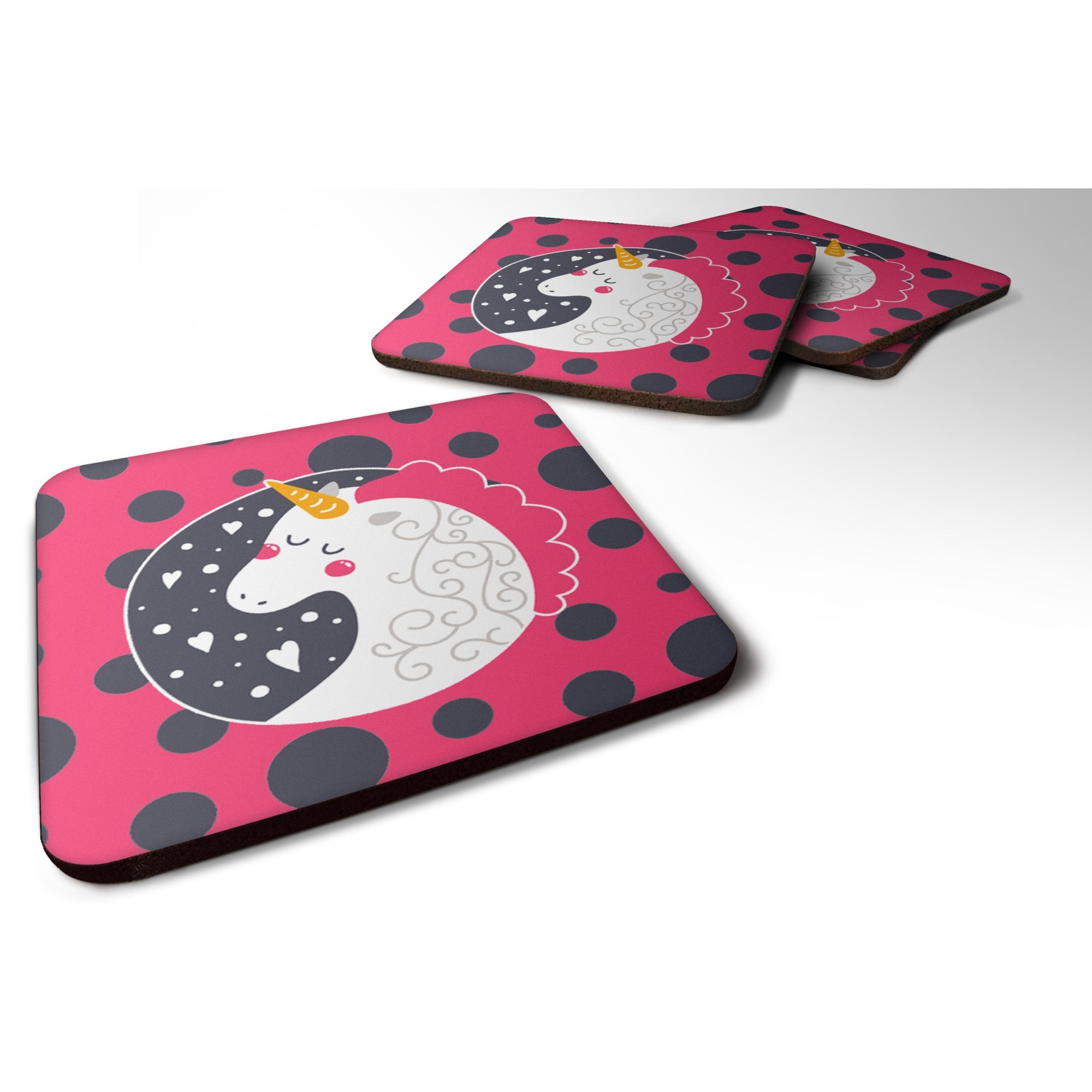 &quotCaroline's Treasures Unicorn Pink Polkadots Foam Coaster Set of 4, 3.5, Multicolor"