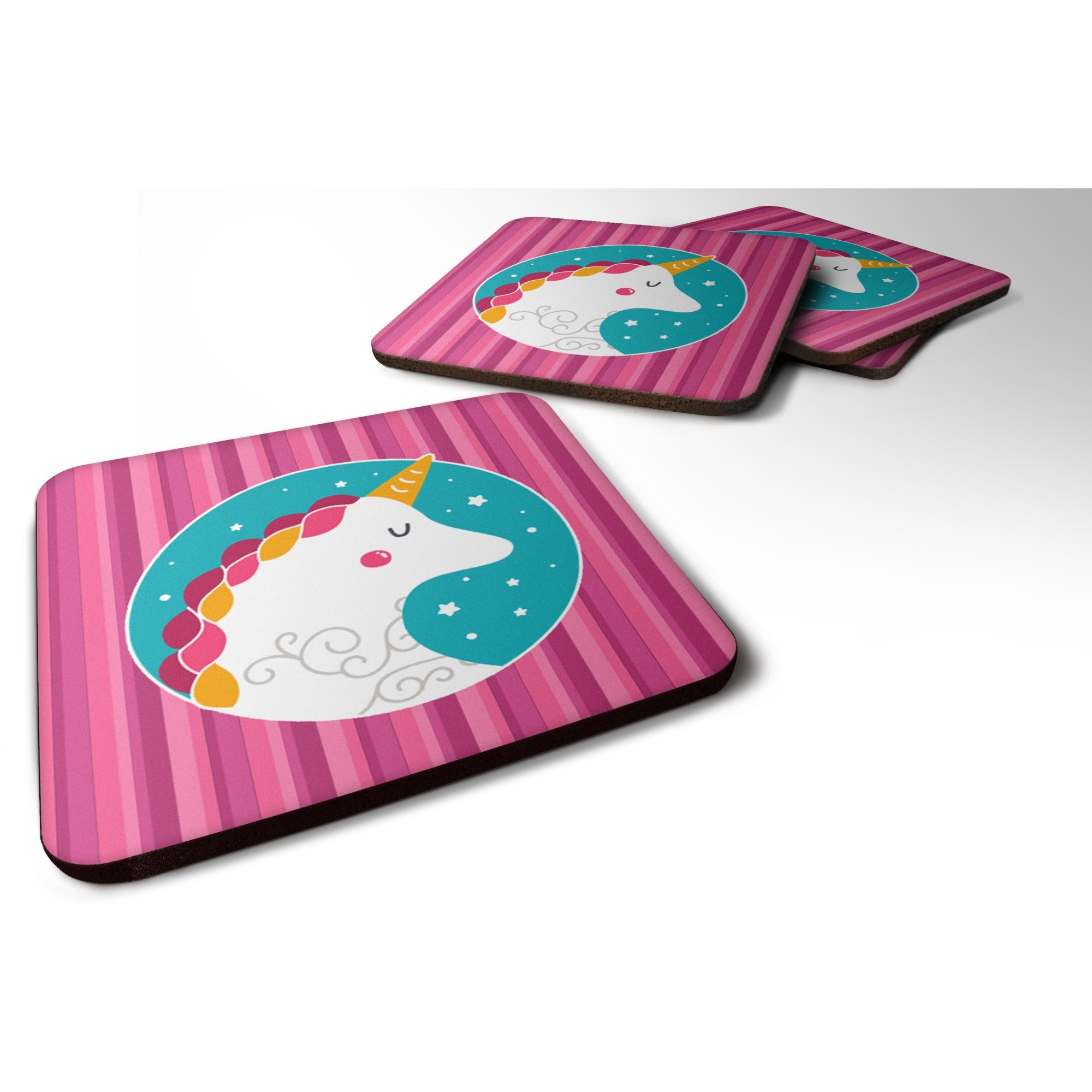 &quotCaroline's Treasures Unicorn Pink Stripes Foam Coaster Set of 4, 3.5, Multicolor"