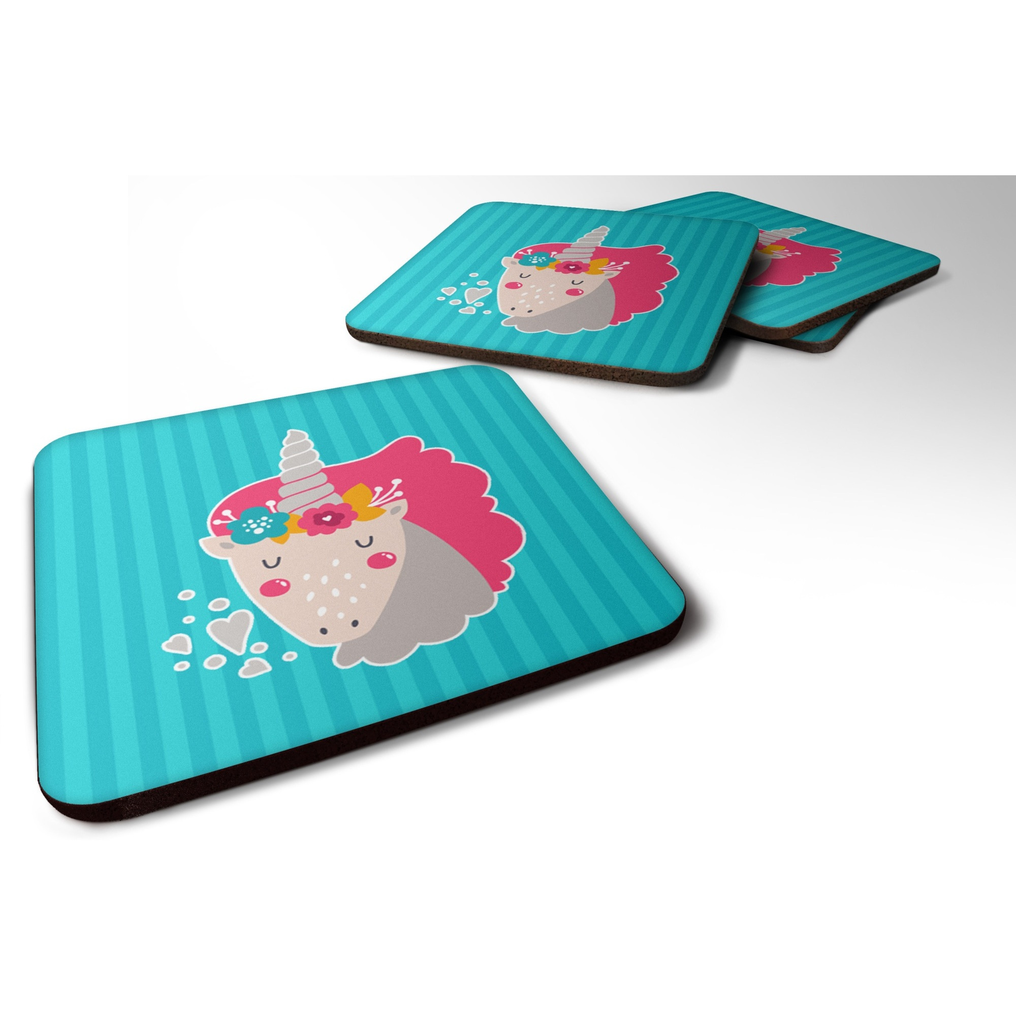 &quotCaroline's Treasures Unicorn Blue Stripes Foam Coaster Set of 4, 3.5, Multicolor"