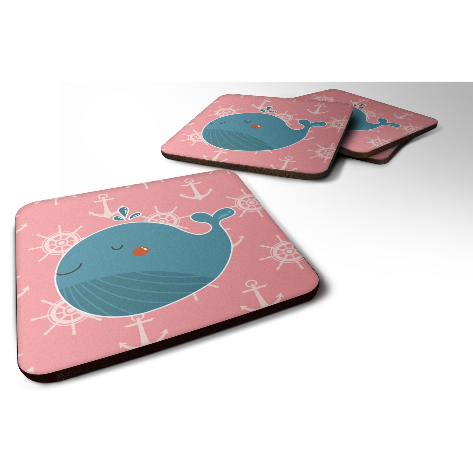 &quotCaroline's Treasures Whale On Pink Nautical Foam Coaster Set of 4, 3.5, Multicolor"