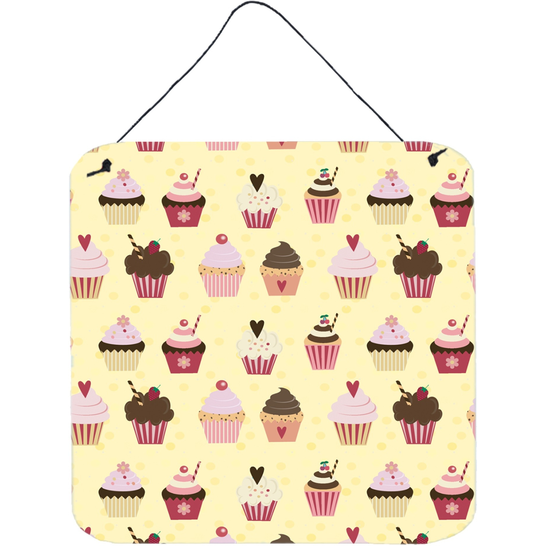 &quotCaroline's Treasures Cupcakes on Yellow Metal Print, 6H x 6W, Multicolor"