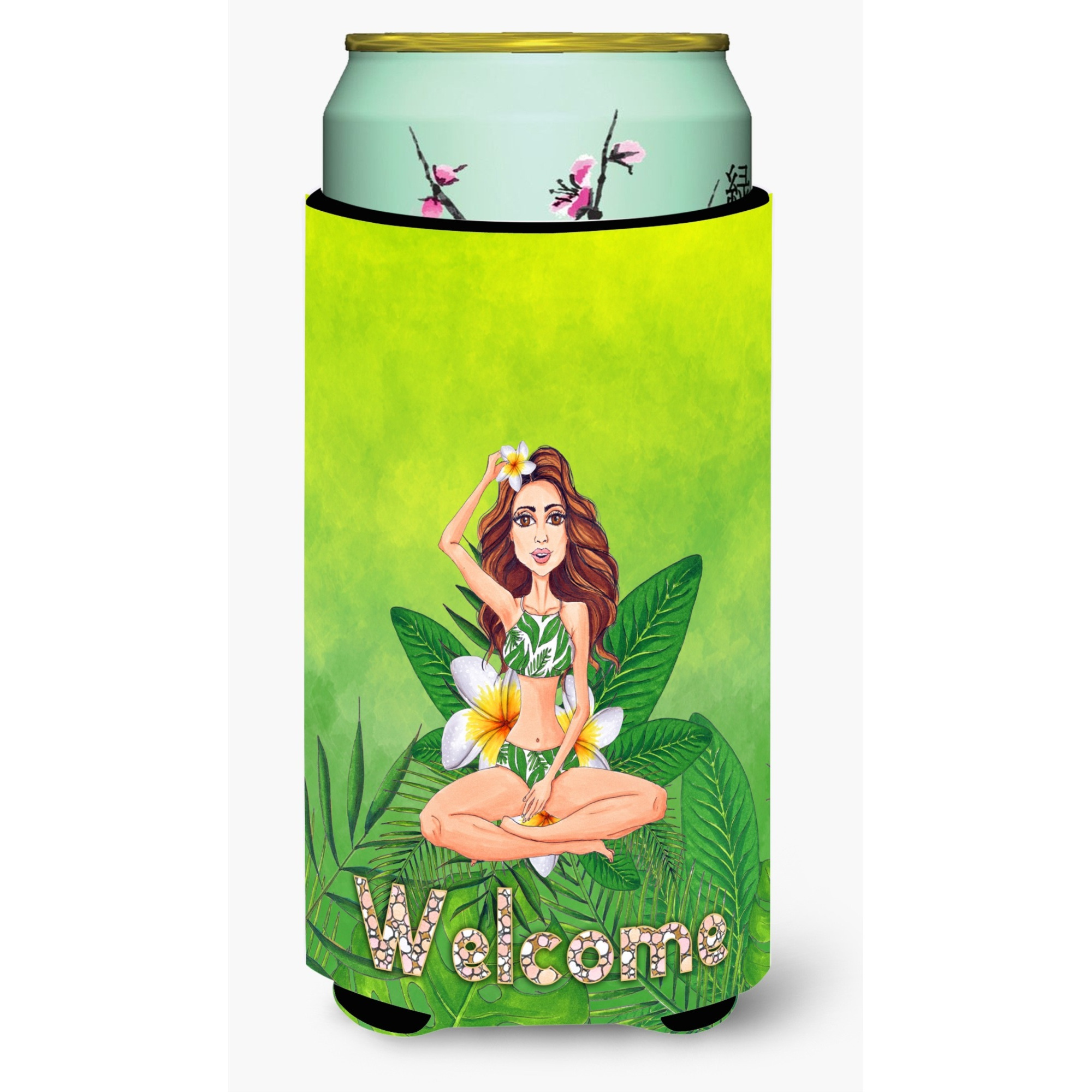 &quotCaroline's Treasures BB7457TBC Welcome Lady in Bikini Summer Tall Boy Hugger cold-beverage-koozies, Multicolor"