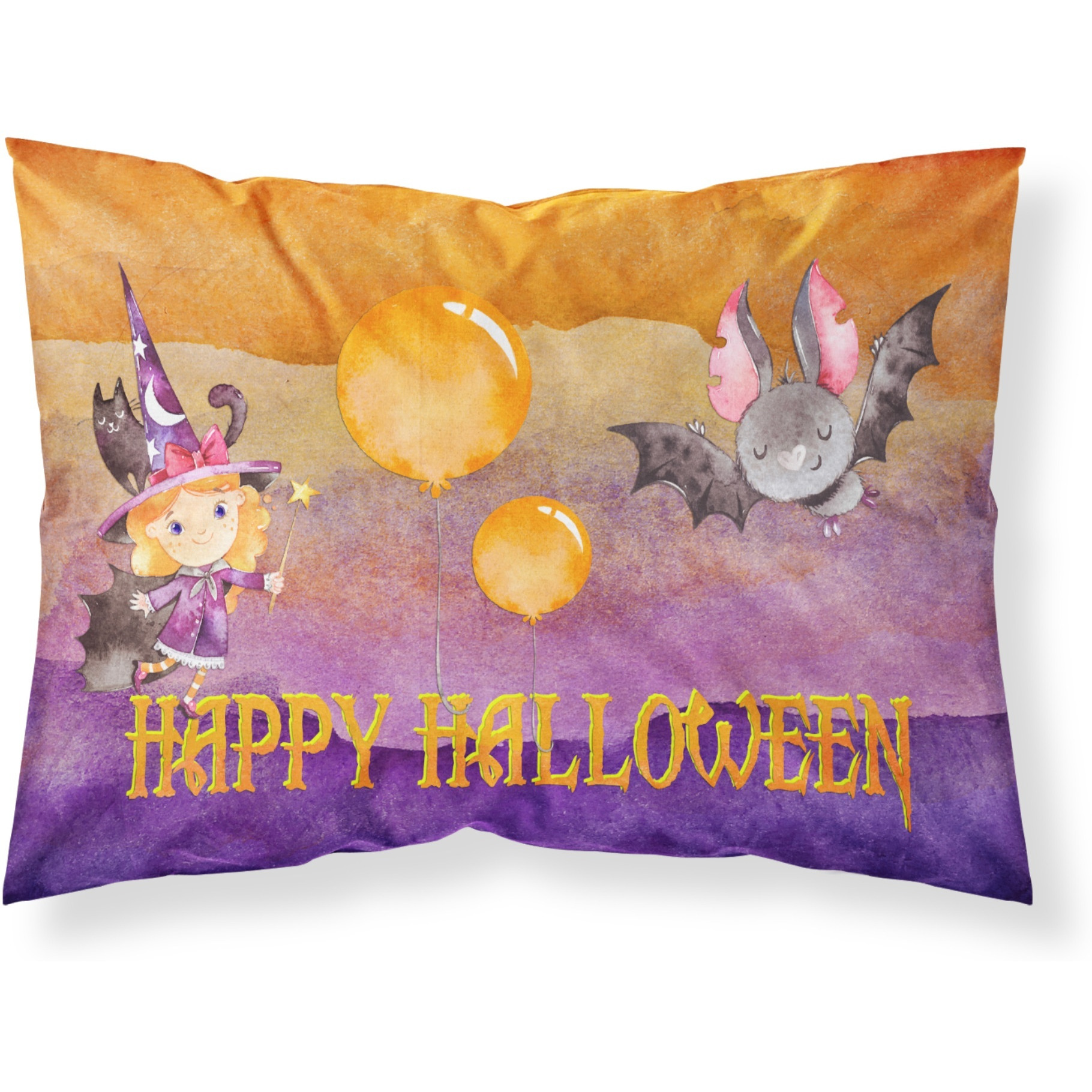 Halloween Little Witch and Bat Fabric Standard Pillowcase