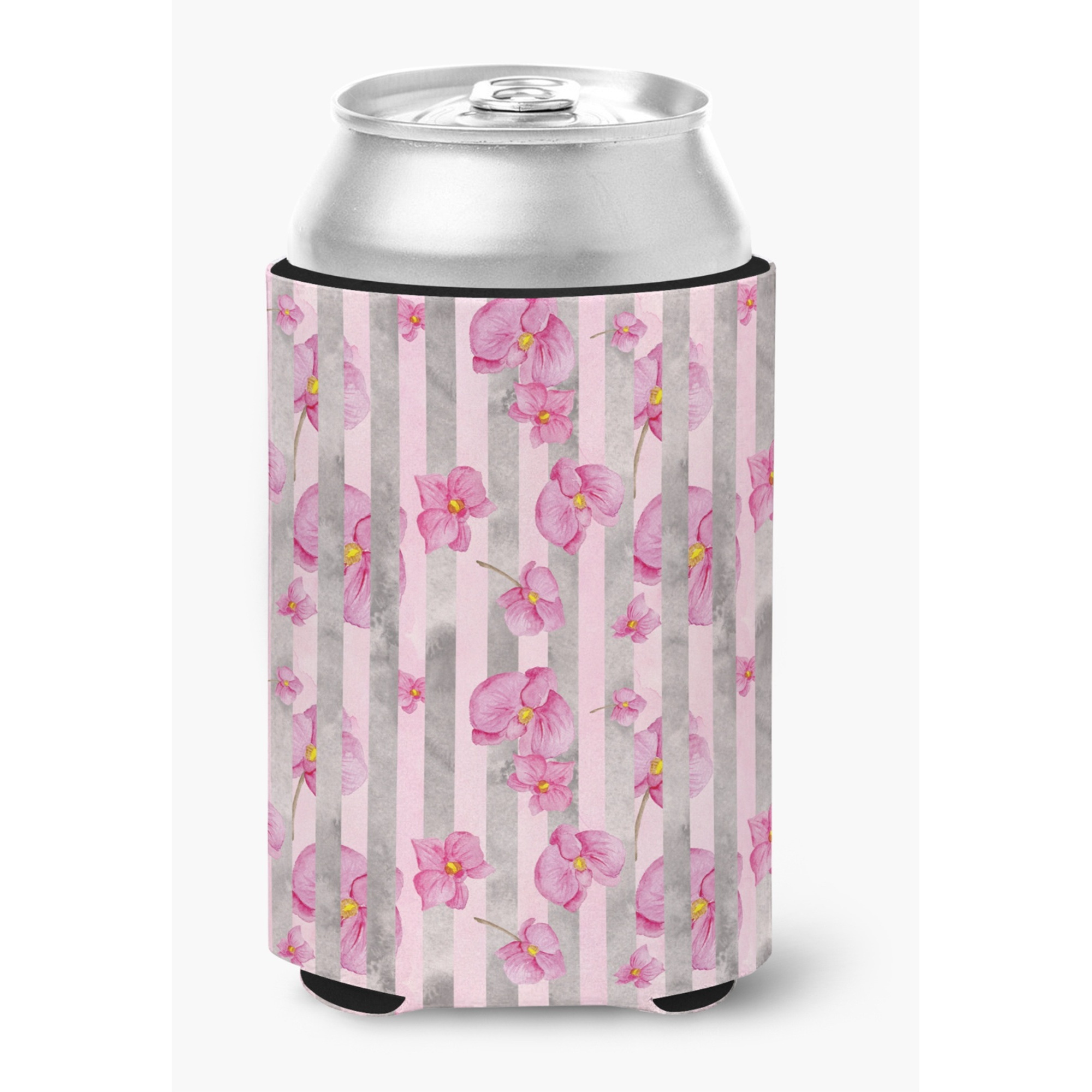 &quotCaroline's Treasures Watercolor Pink Flowers Grey Stripes Decorative Can Hugger, Multicolor"