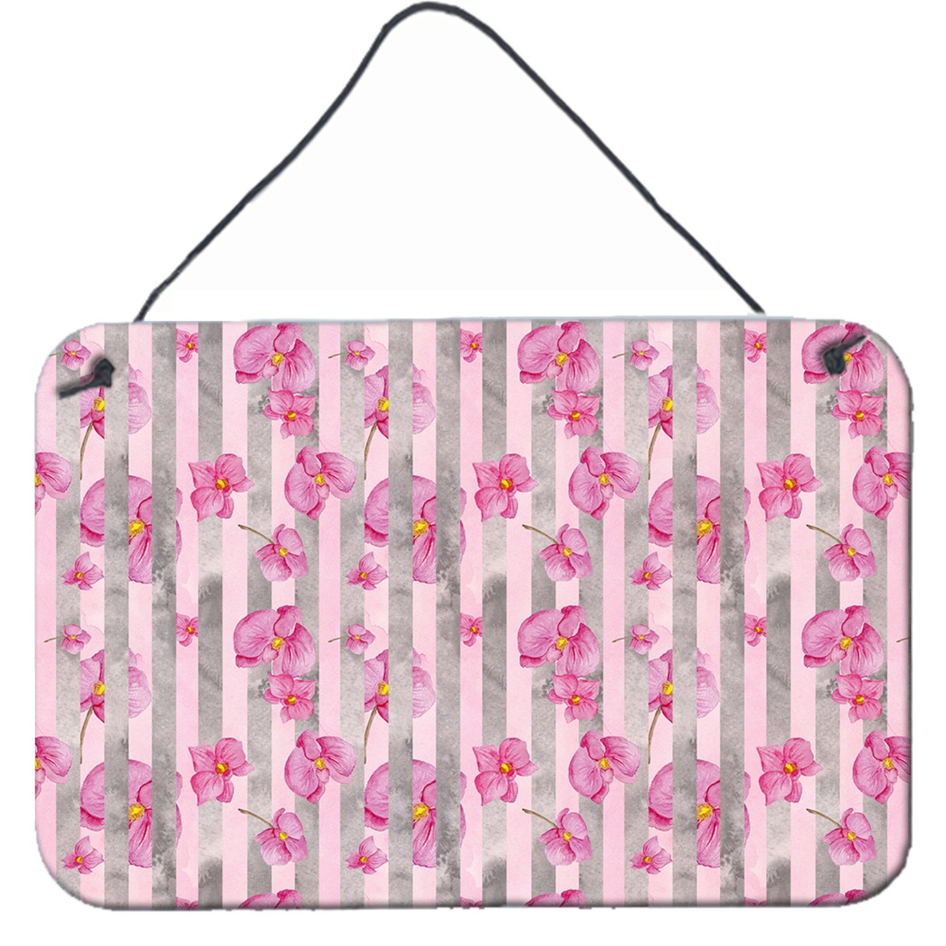 &quotCaroline's Treasures Watercolor Pink Flowers Grey Stripes Metal Print, 8"" H x 12"" W, Multicolor"