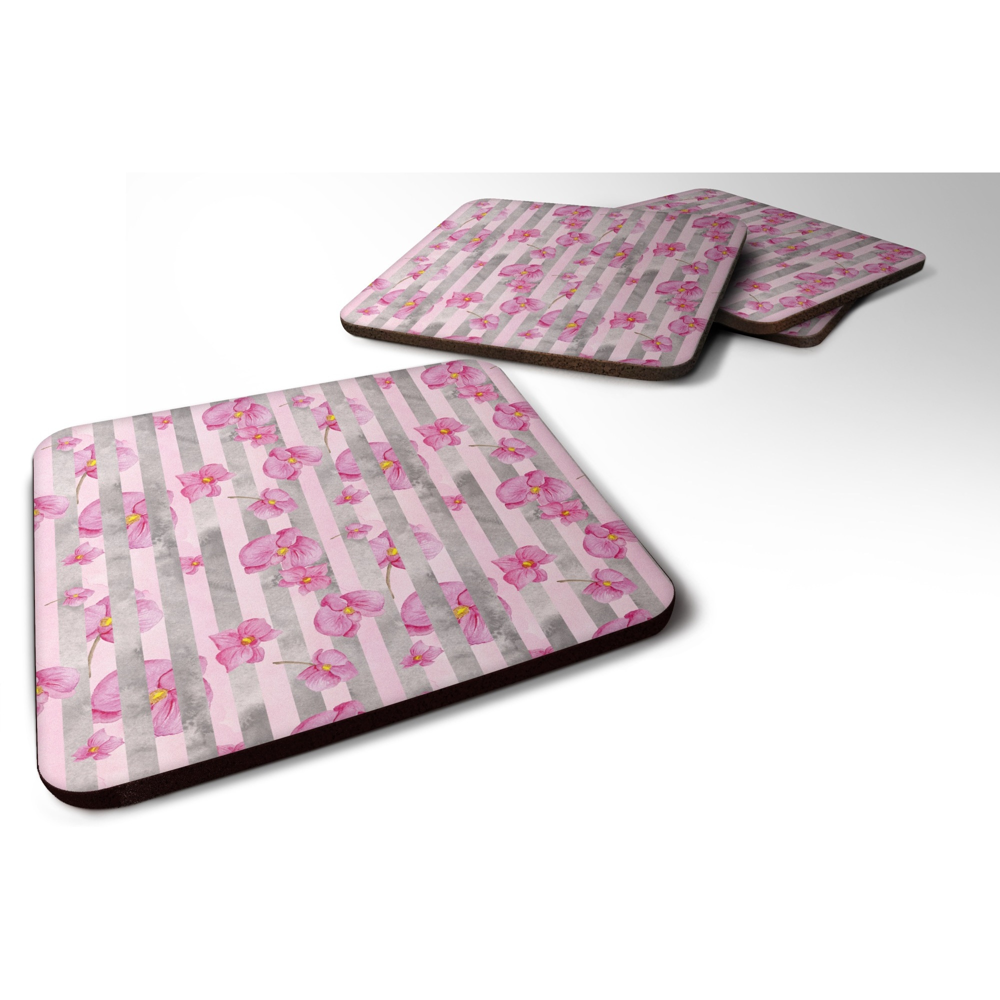 &quotCaroline's Treasures Watercolor Pink Flowers Grey Stripes Decorative coasters, 3.5, Multicolor"