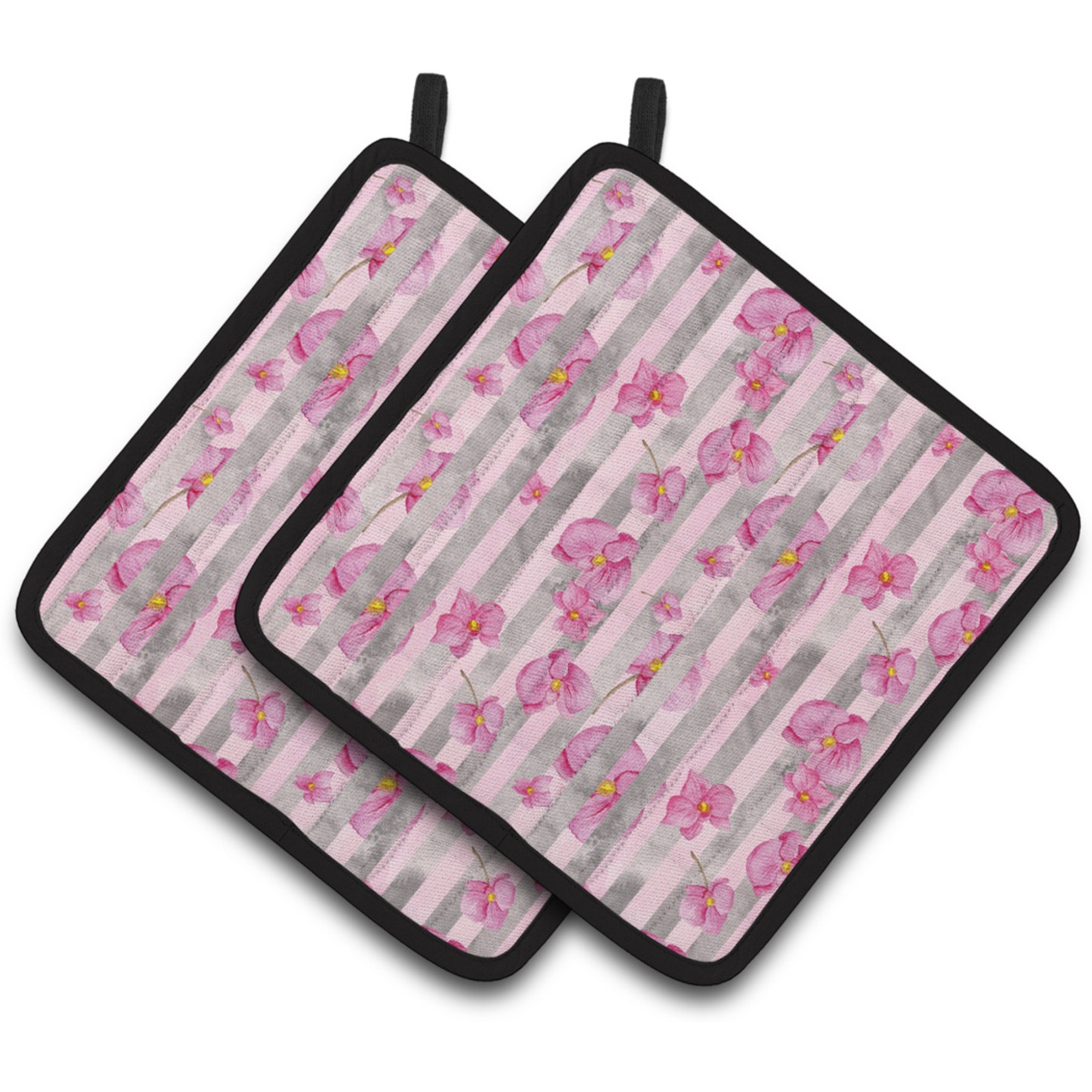 &quotCaroline's Treasures Watercolor Pink Flowers Grey Stripes Decorated Pot Holder, 7.5"" x 7.5"", Multicolor"