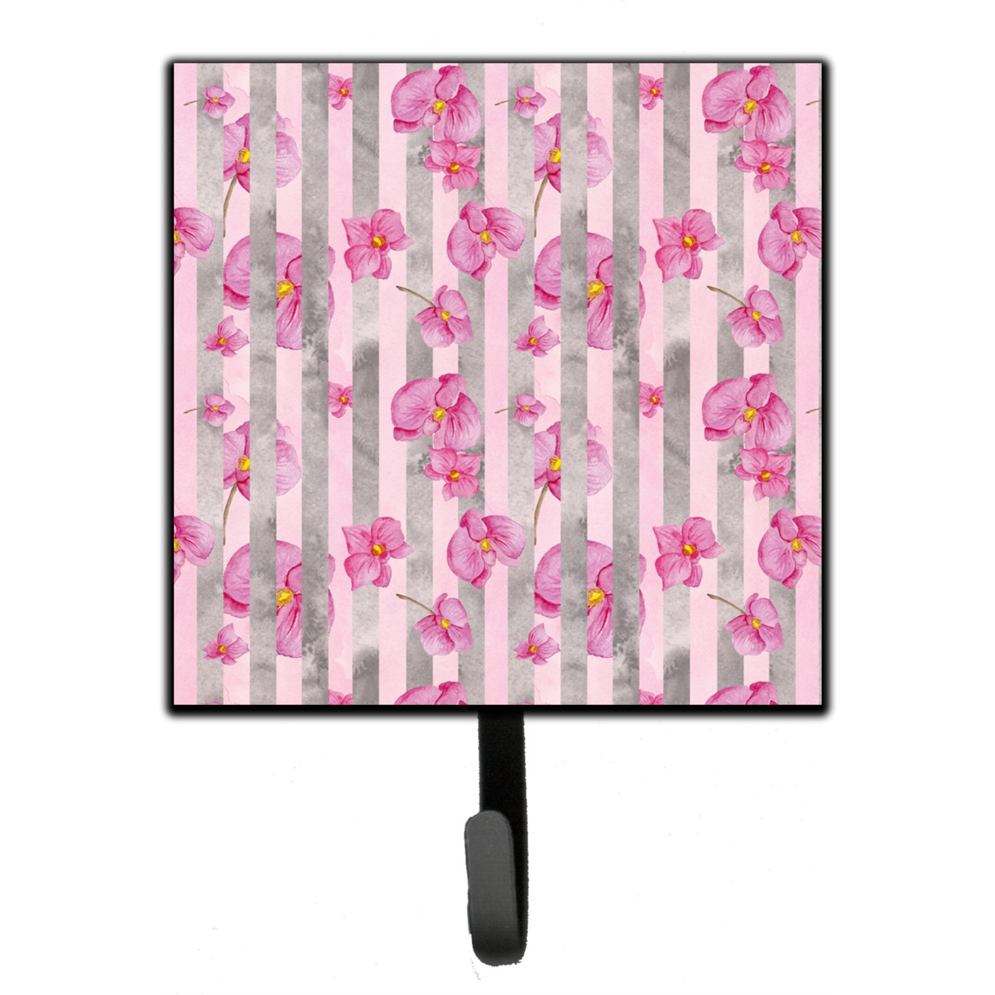 &quotCaroline's Treasures Watercolor Pink Flowers Grey Stripes Wall Hook, Small, Multicolor"