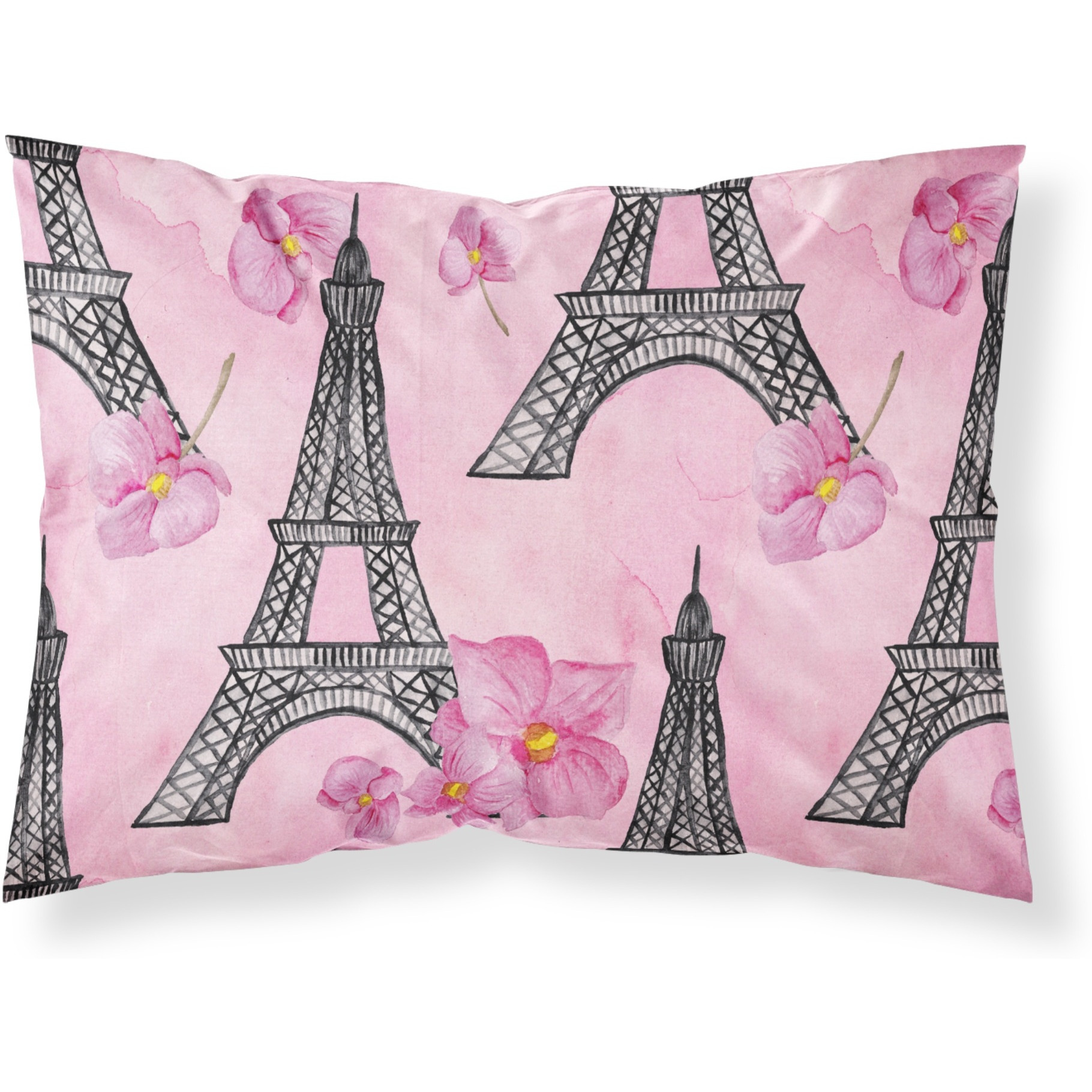 &quotCaroline's Treasures Watercolor Pink Flowers and Eiffel Tower Pillowcase, Standard, Multicolor"