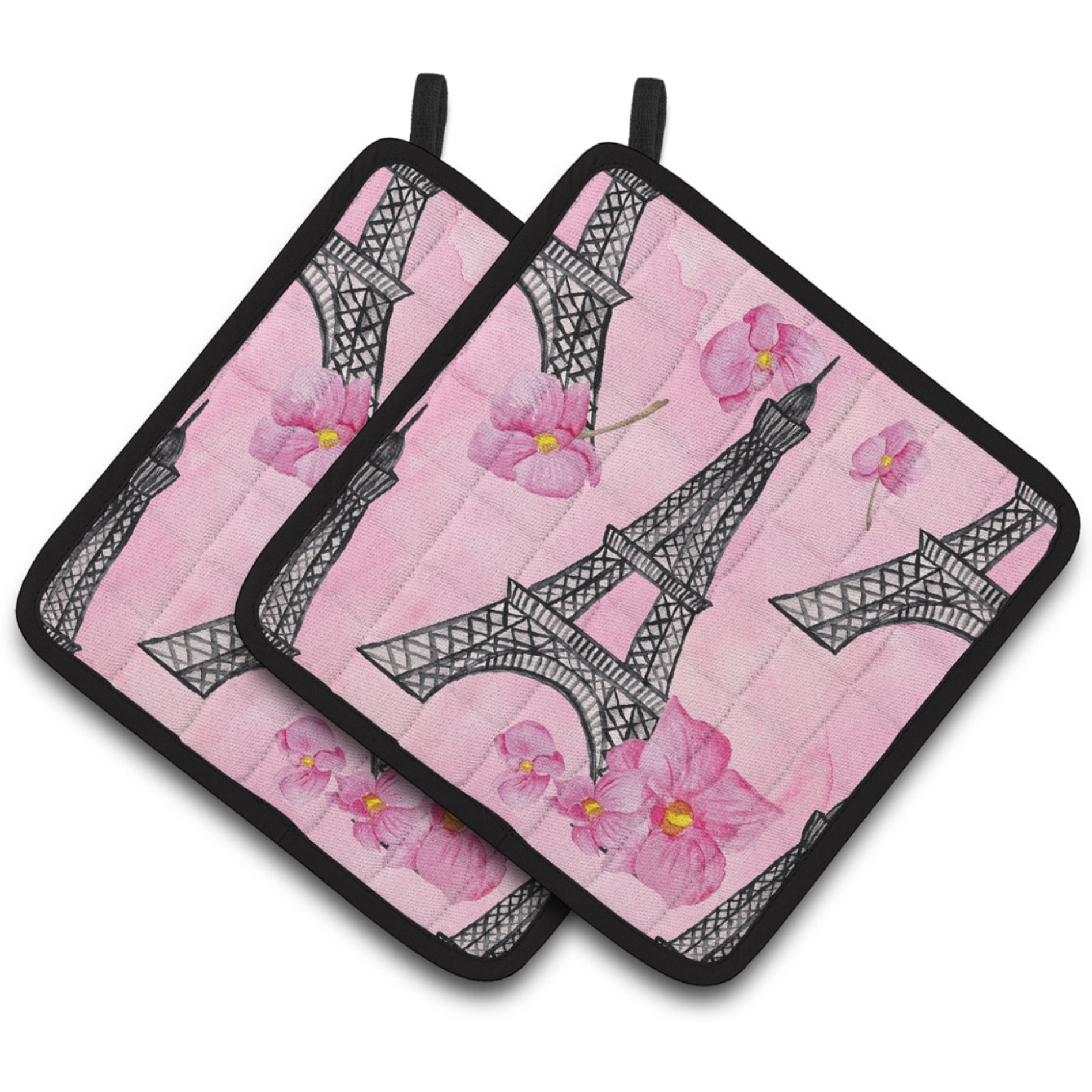 &quotCaroline's Treasures Watercolor Pink Flowers and Eiffel Tower Decorated Pot Holder, 7.5"" x 7.5"", Multicolor"