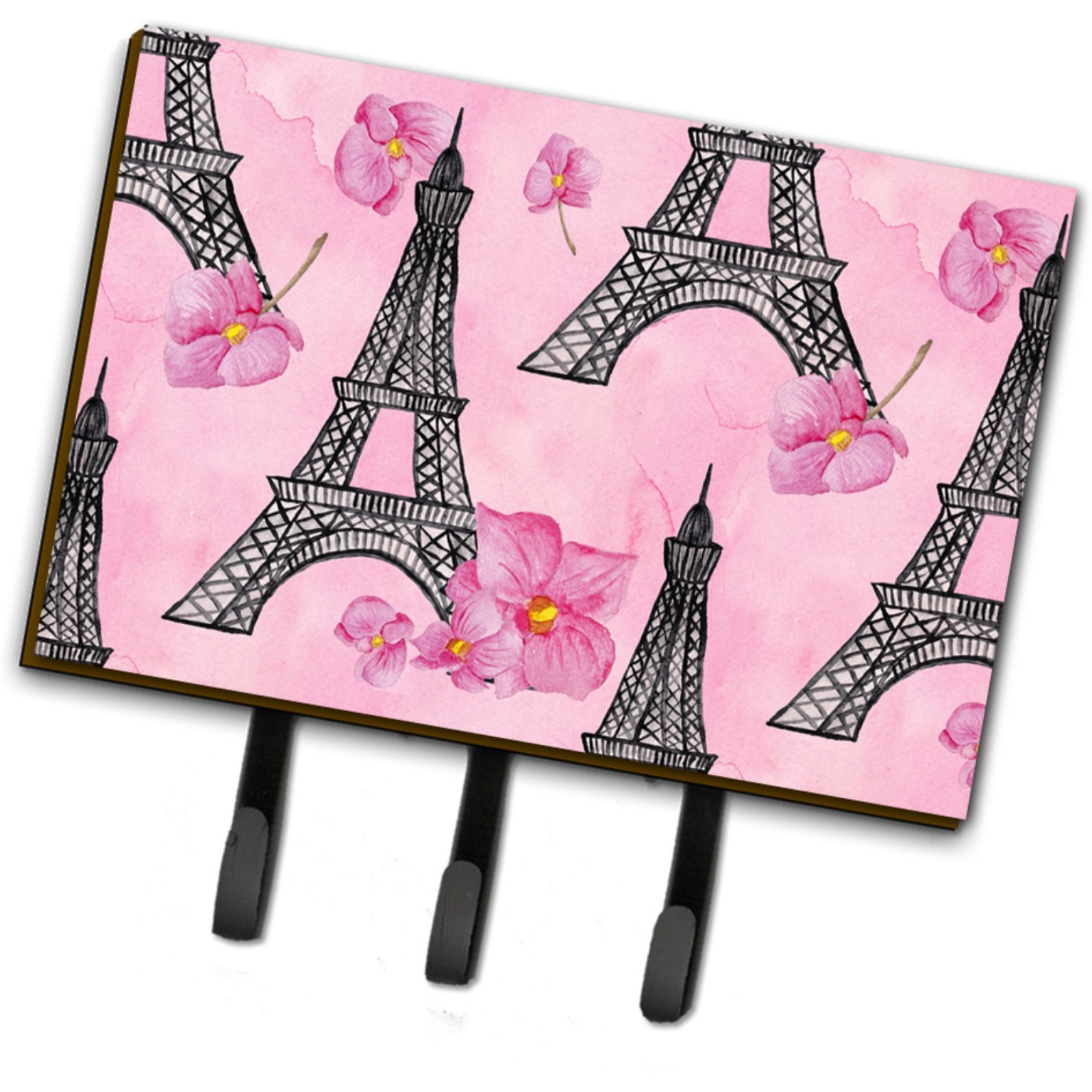 &quotCaroline's Treasures Watercolor Pink Flowers and Eiffel Tower Wall Hook, Triple, Multicolor"
