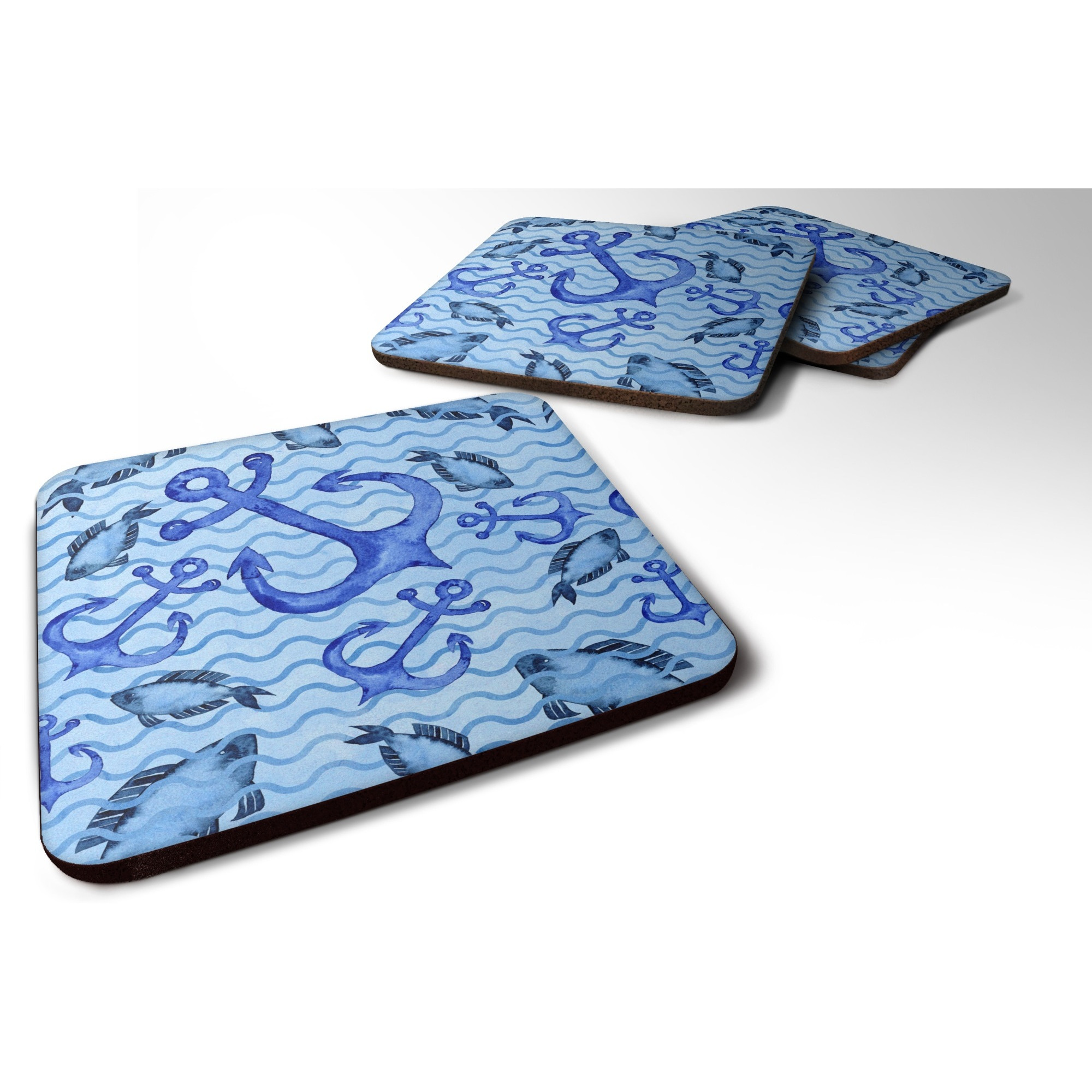 &quotCaroline's Treasures Beach Watercolor Anchors and Fish Decorative coasters, 3.5, Multicolor"