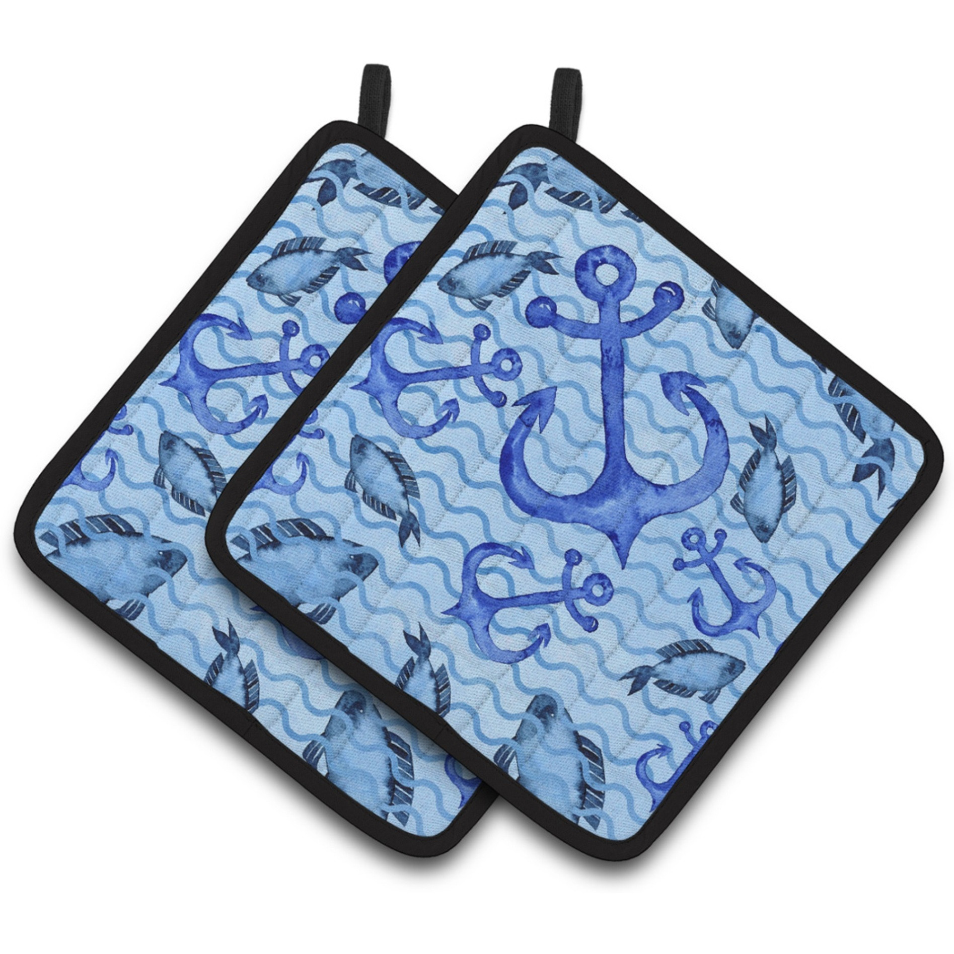 &quotCaroline's Treasures Beach Watercolor Anchors and Fish Decorated Pot Holder, 7.5"" x 7.5"", Multicolor"