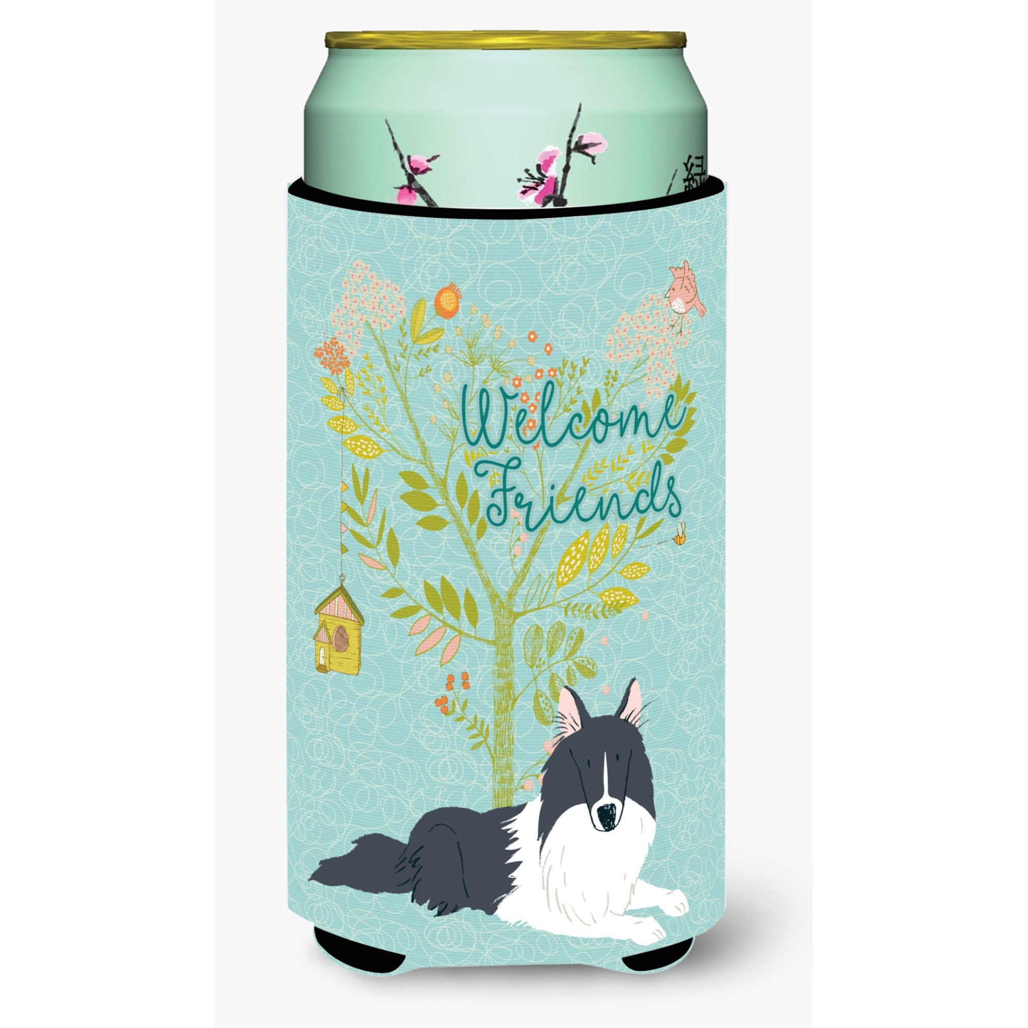 &quotCaroline's Treasures Welcome Friends Black White Collie Decorative Can Hugger, Tall Boy, Multicolor"