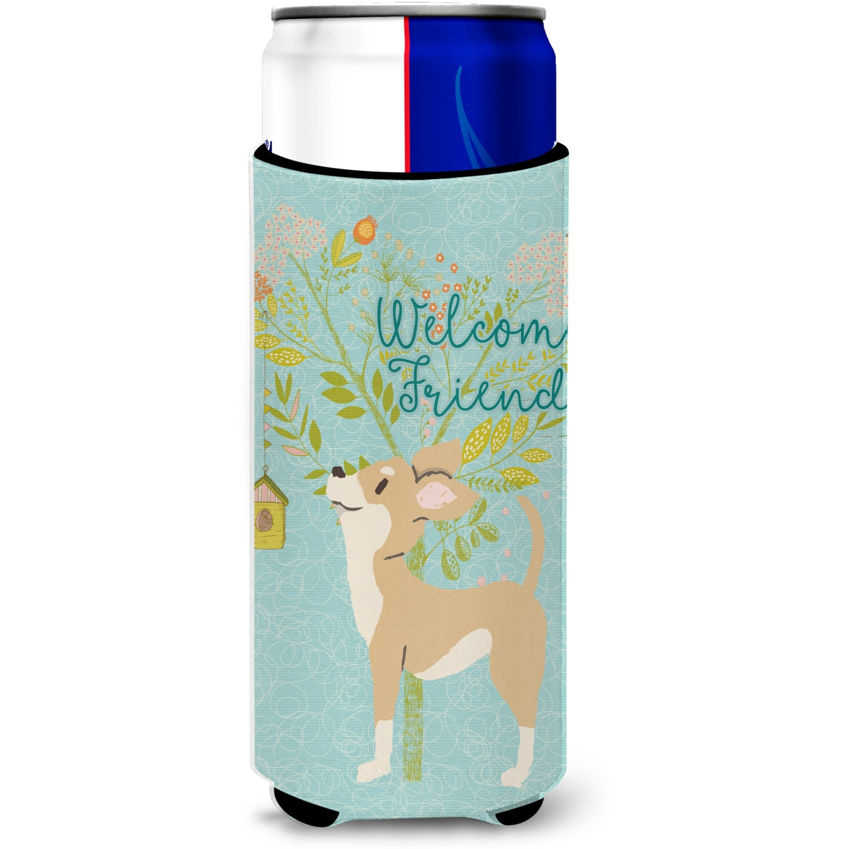 &quotCaroline's Treasures Welcome Friends Brown White Chihuahua Decorative Can Hugger, Multicolor"