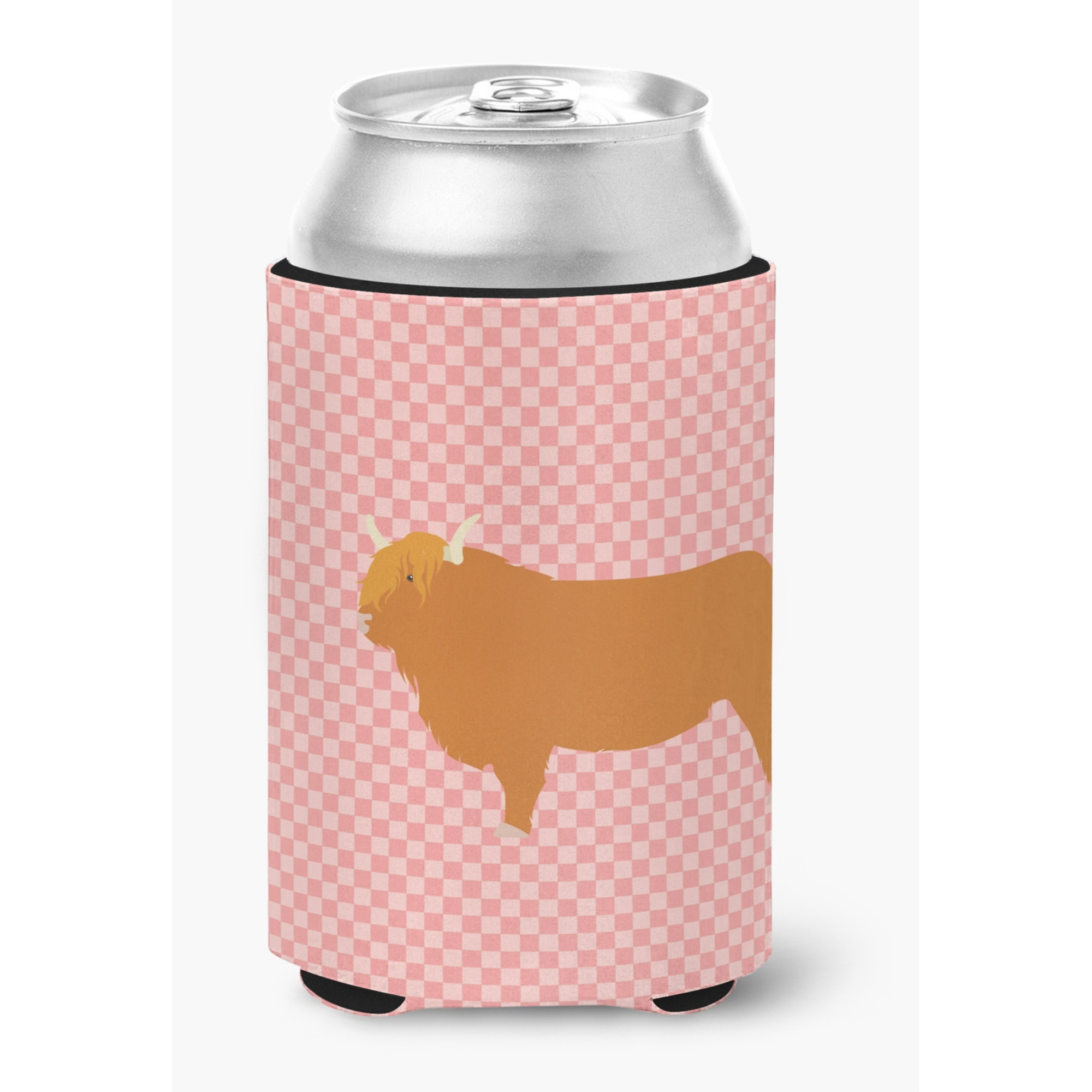&quotCaroline's Treasures Highland Cow Pink Check Decorative Can Hugger, Multicolor"