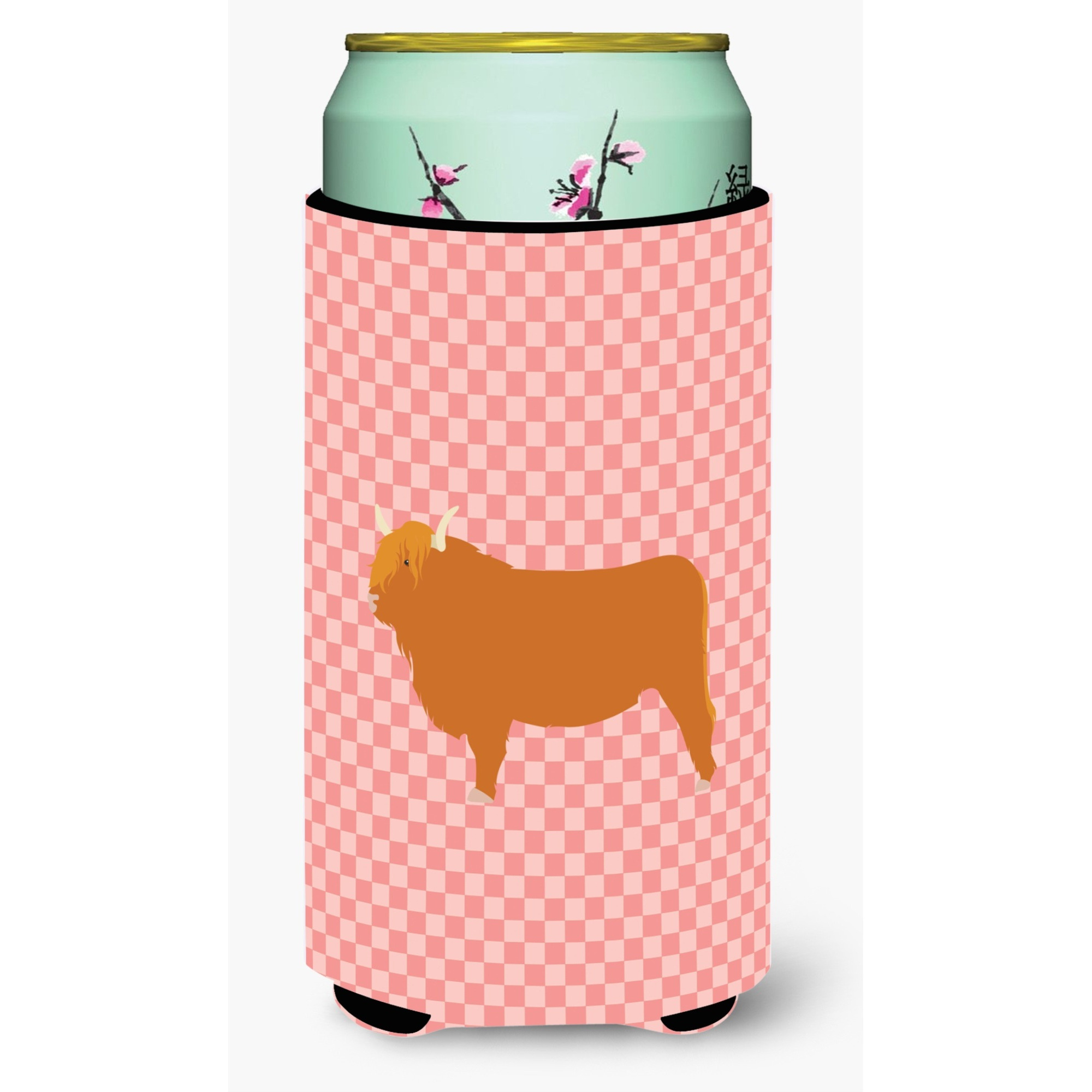 &quotCaroline's Treasures Highland Cow Pink Check Decorative Can Hugger, Tall Boy, Multicolor"